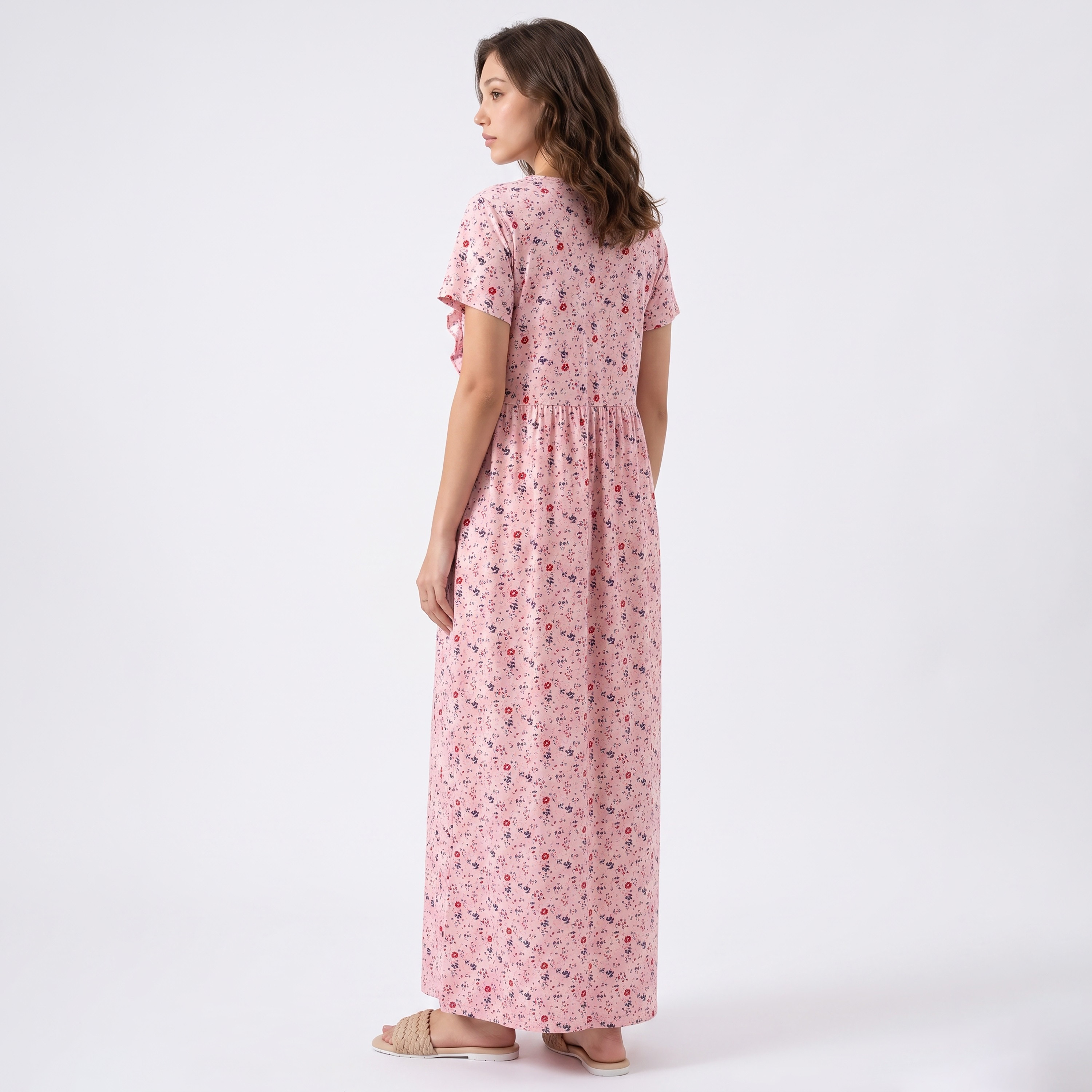 Clovia Floral Print Feeding Long Women's Nighty in Baby Pink - 100% Cotton-women-clothing-nightwear-nighties-image-4