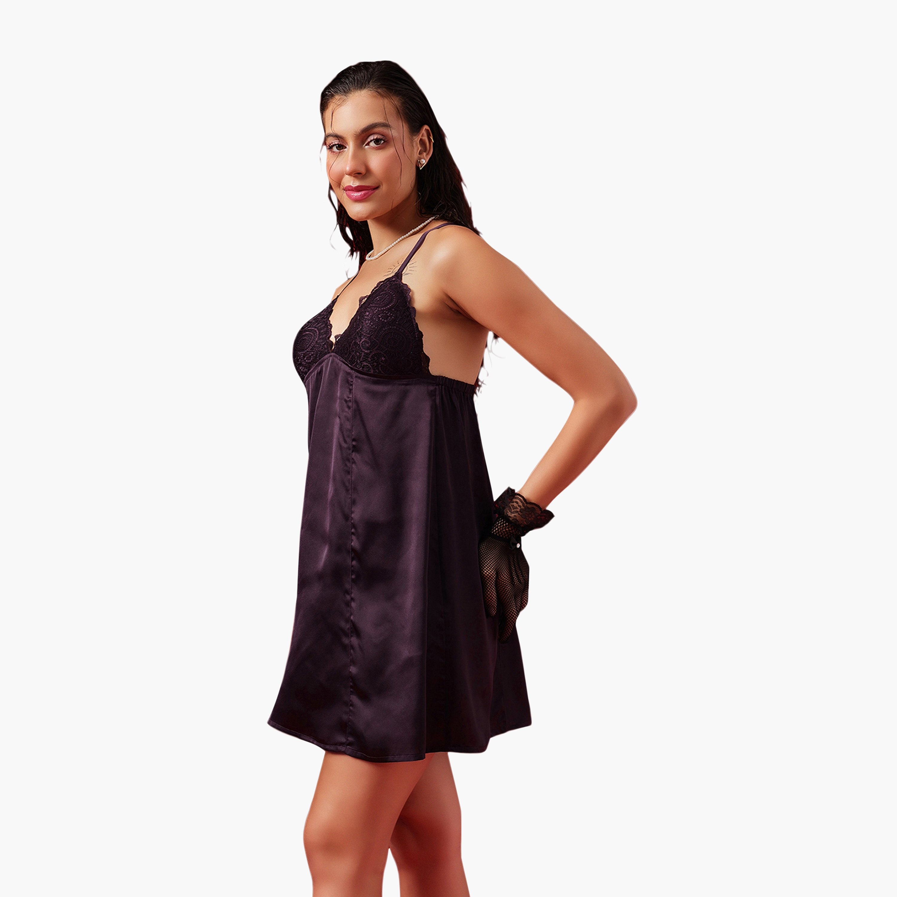 Clovia Chic Basic Padded Women's Babydoll - Satin-women-clothing-lingerie-babydollsandbodysuits-image-3