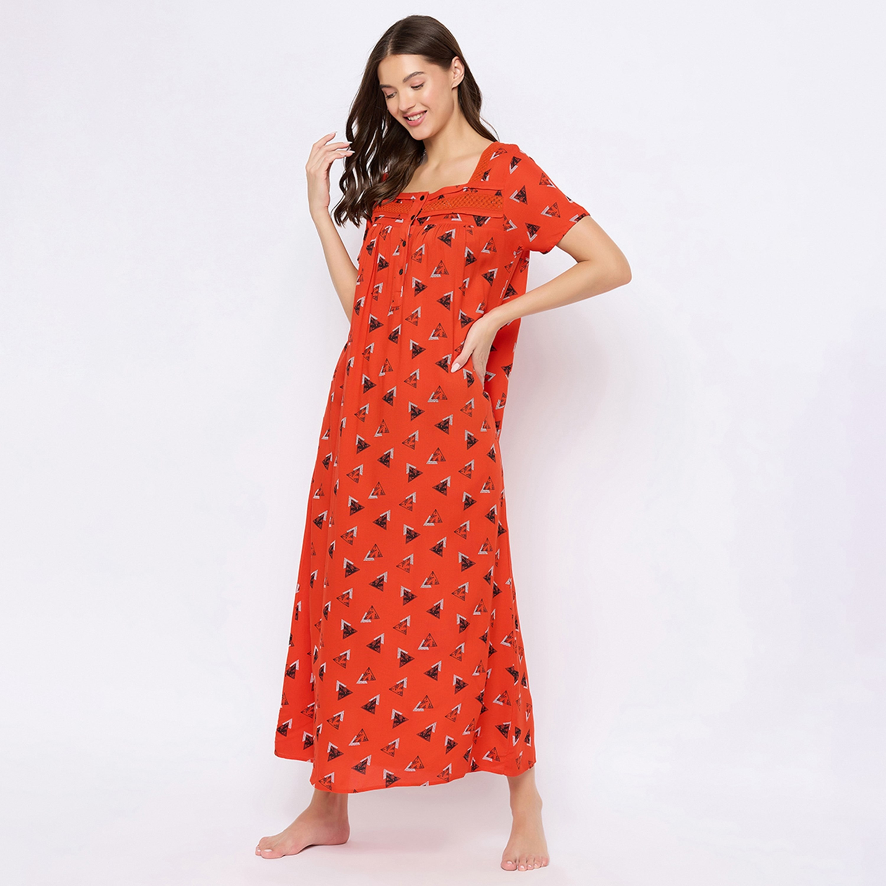 Clovia Geometric Printed Women's Long Night Dress in Red - Rayon-women-clothing-nightwear-nighties-image-2