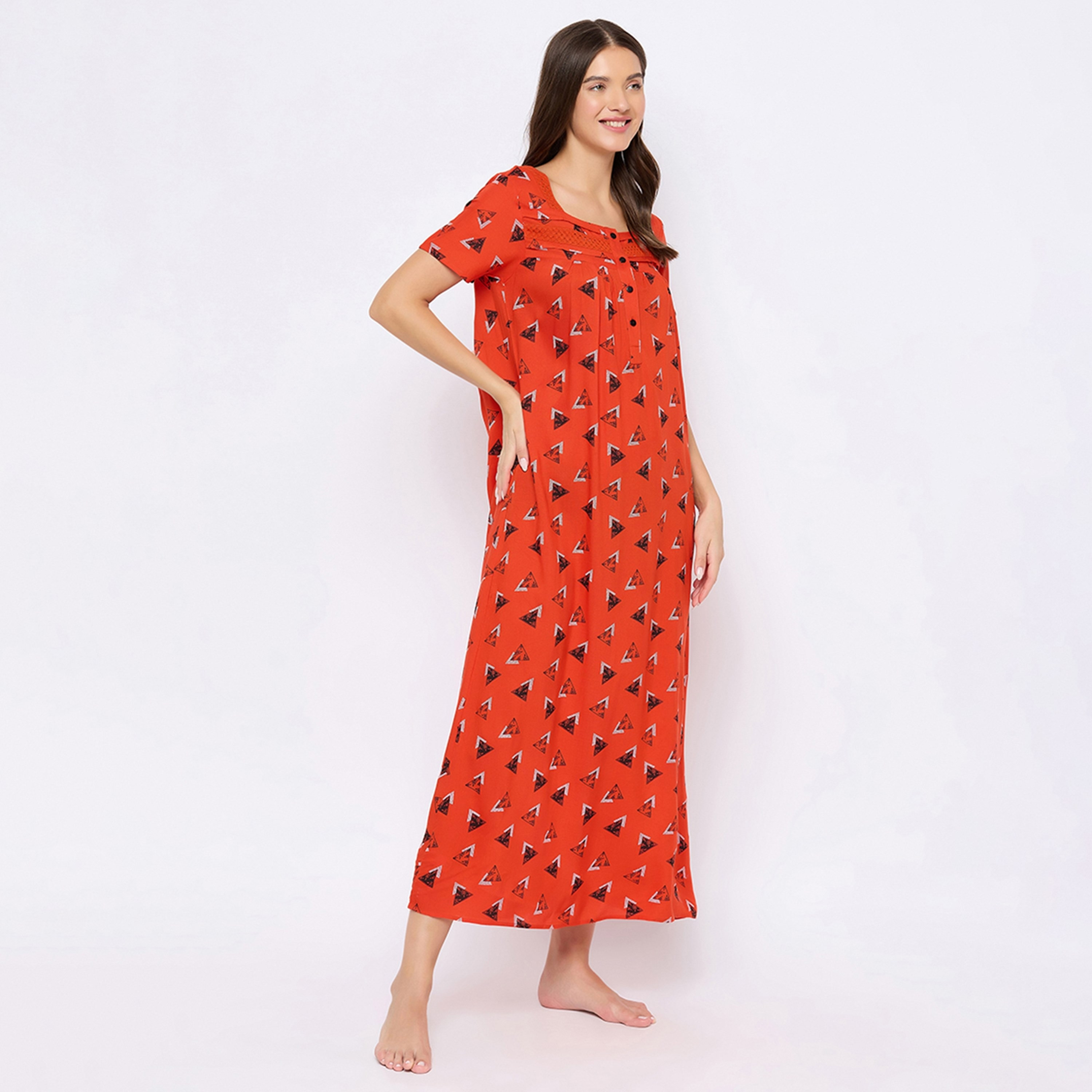 Clovia Geometric Printed Women's Long Night Dress in Red - Rayon-women-clothing-nightwear-nighties-image-3