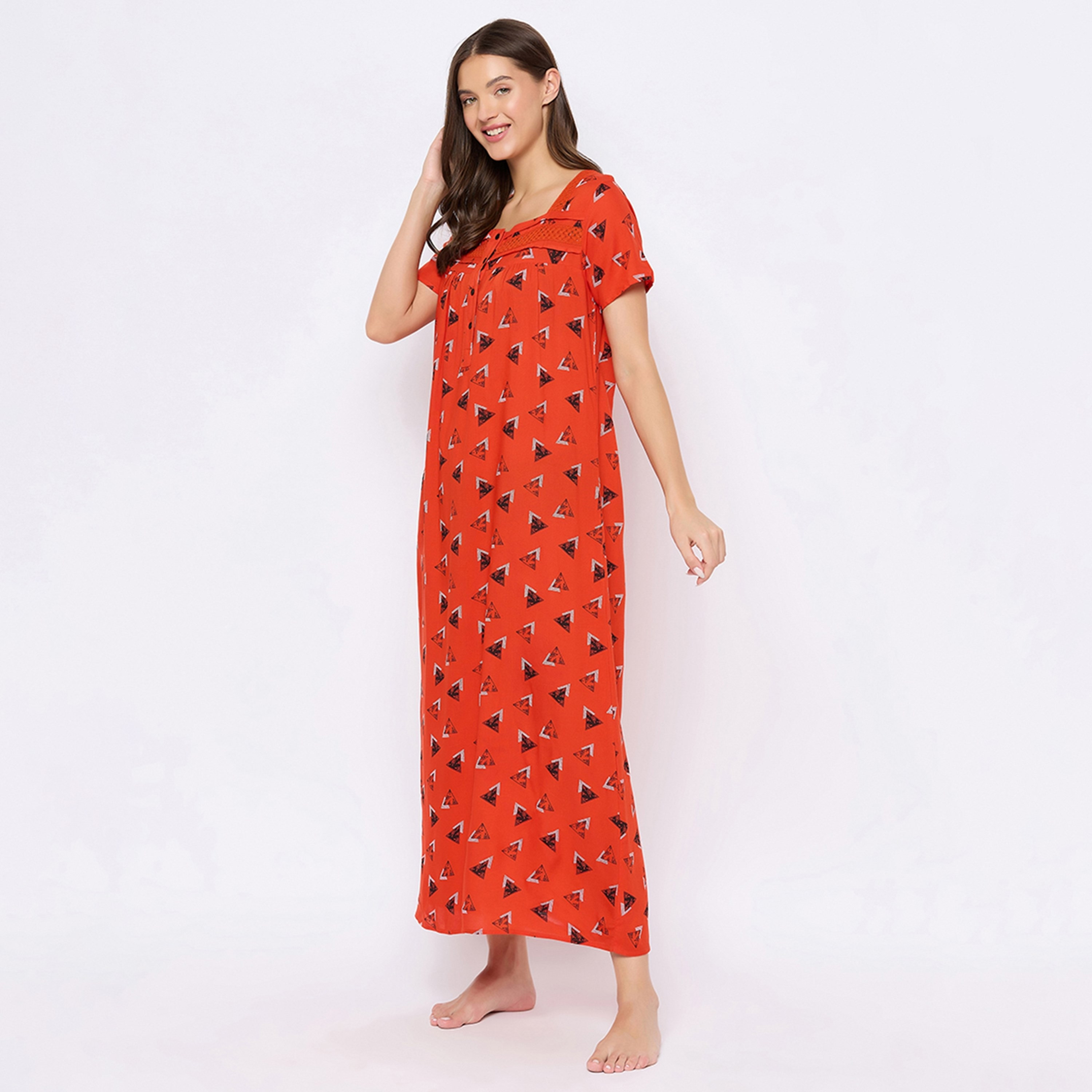 Clovia Geometric Printed Women's Long Night Dress in Red - Rayon-women-clothing-nightwear-nighties-image-4