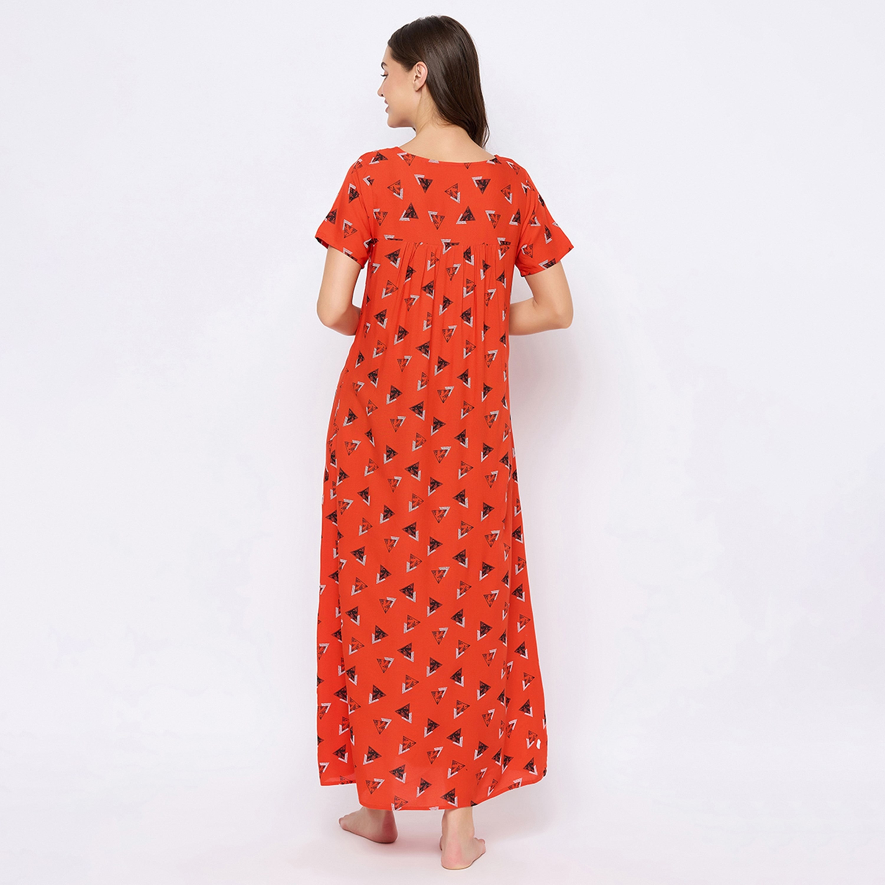 Clovia Geometric Printed Women's Long Night Dress in Red - Rayon-women-clothing-nightwear-nighties-image-5