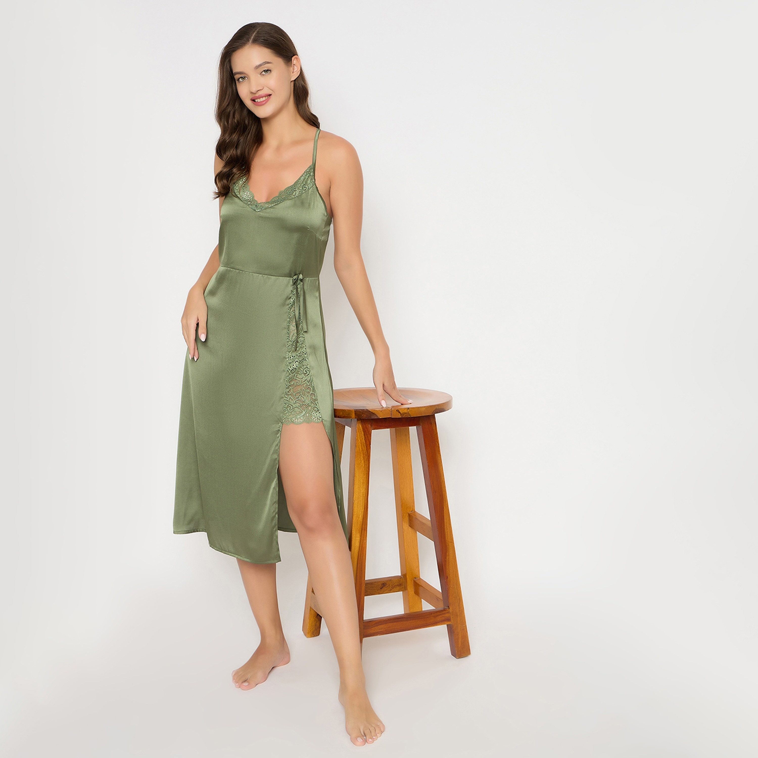 Clovia Chic Basic Women's Long Night Dress in Olive Green- Satin-women-clothing-nightwear-nighties-image-2