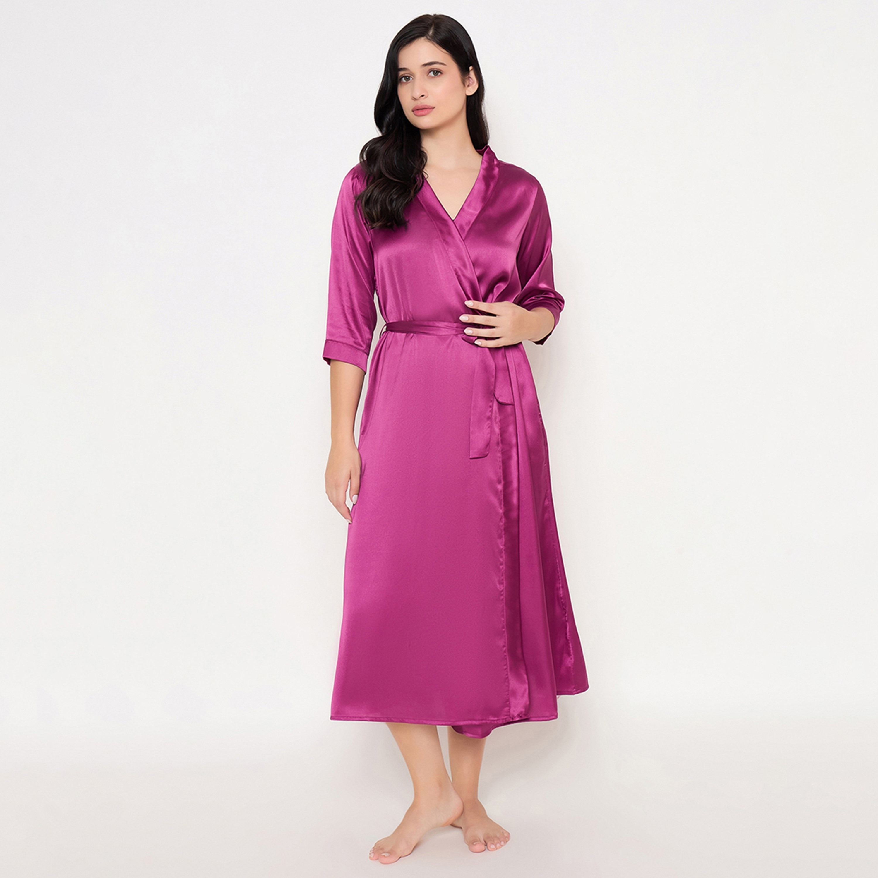 Clovia Chic Basic Long Women's Robe in Magenta - Satin-women-clothing-nightwear-robes-image-1