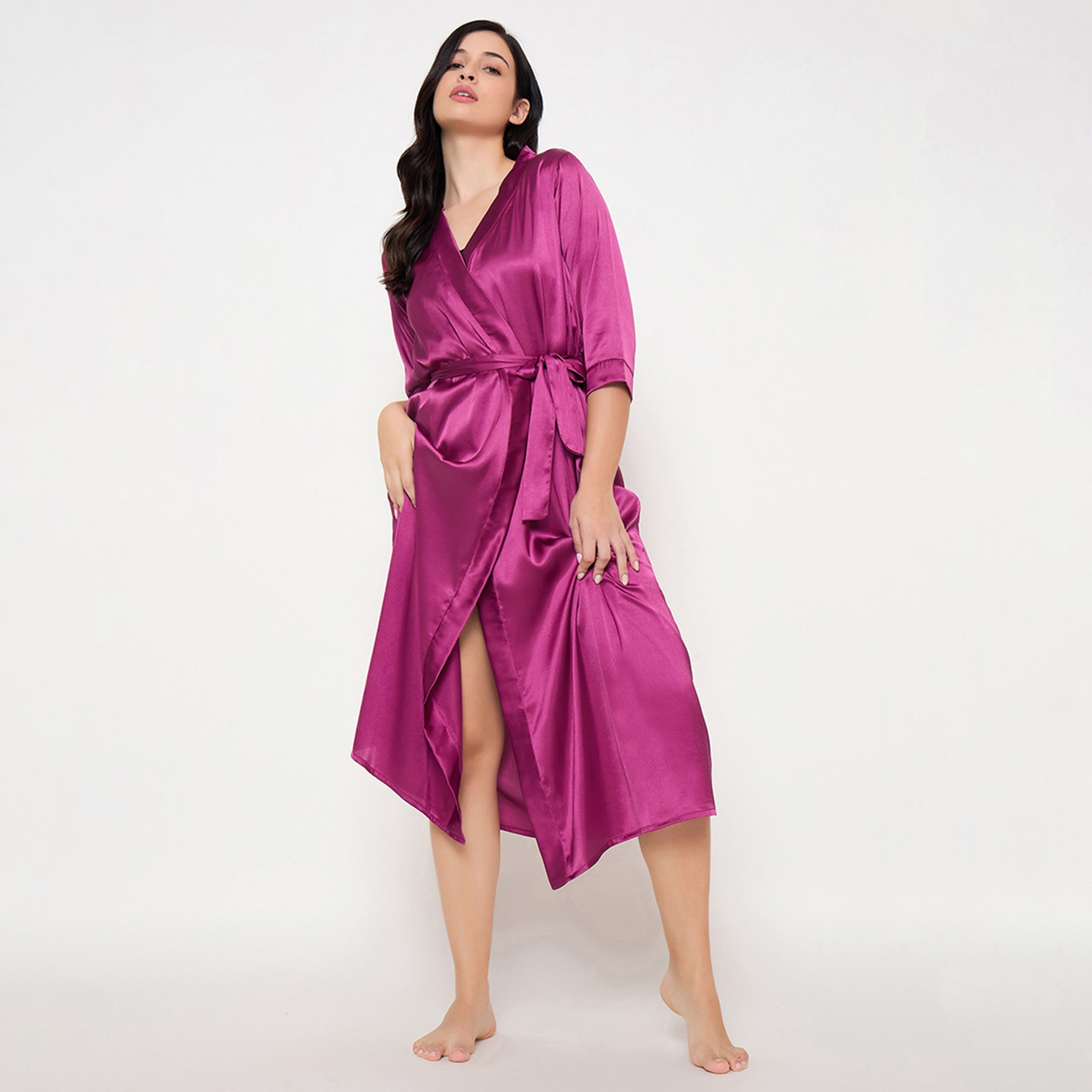 Clovia Chic Basic Long Women's Robe in Magenta - Satin-women-clothing-nightwear-robes-image-2