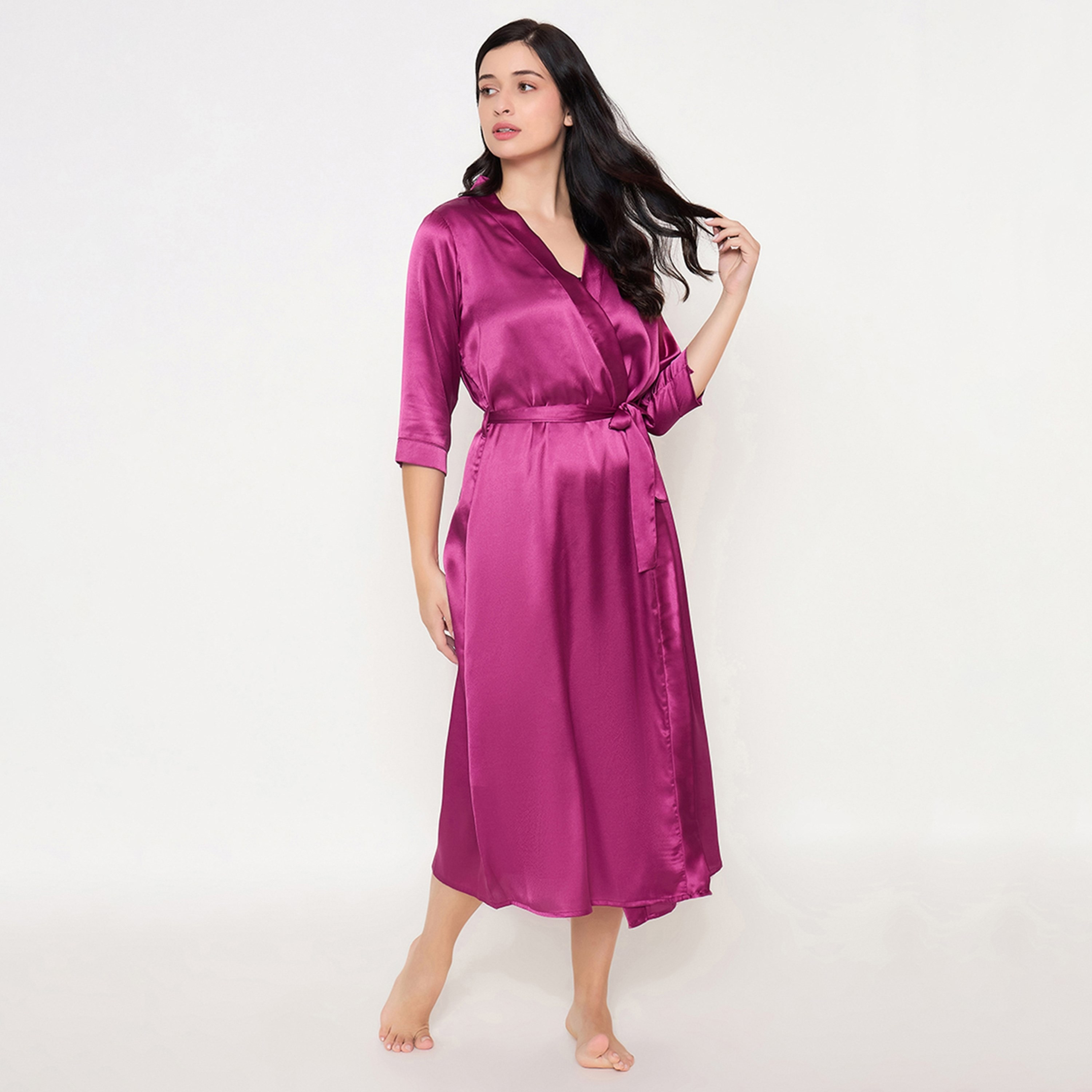 Clovia Chic Basic Long Women's Robe in Magenta - Satin-women-clothing-nightwear-robes-image-3