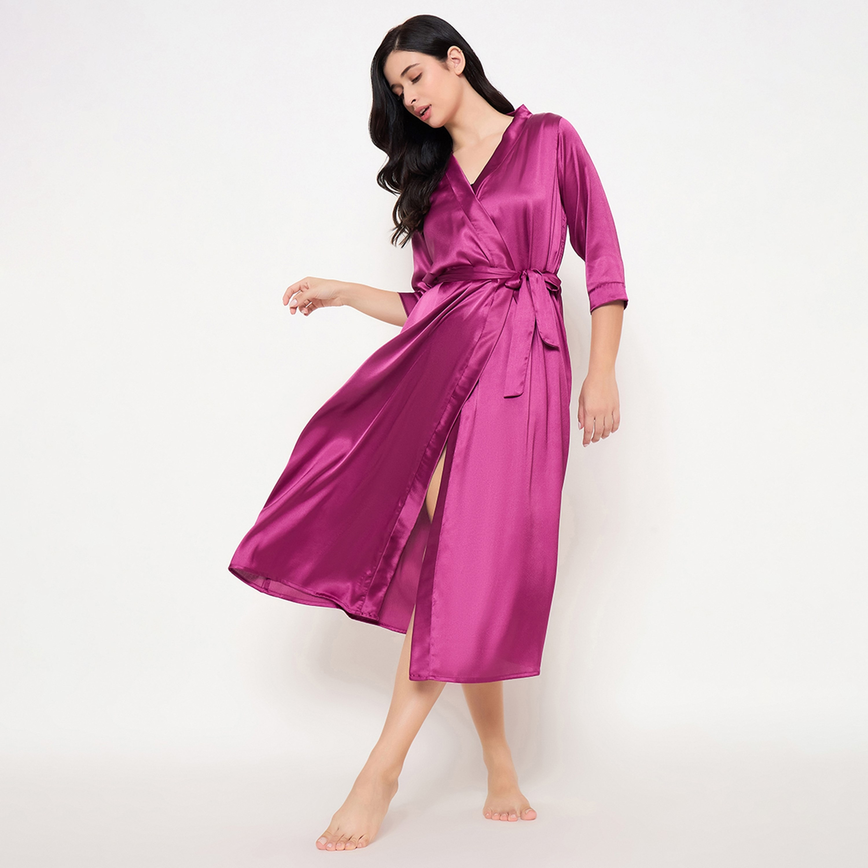 Clovia Chic Basic Long Women's Robe in Magenta - Satin-women-clothing-nightwear-robes-image-4