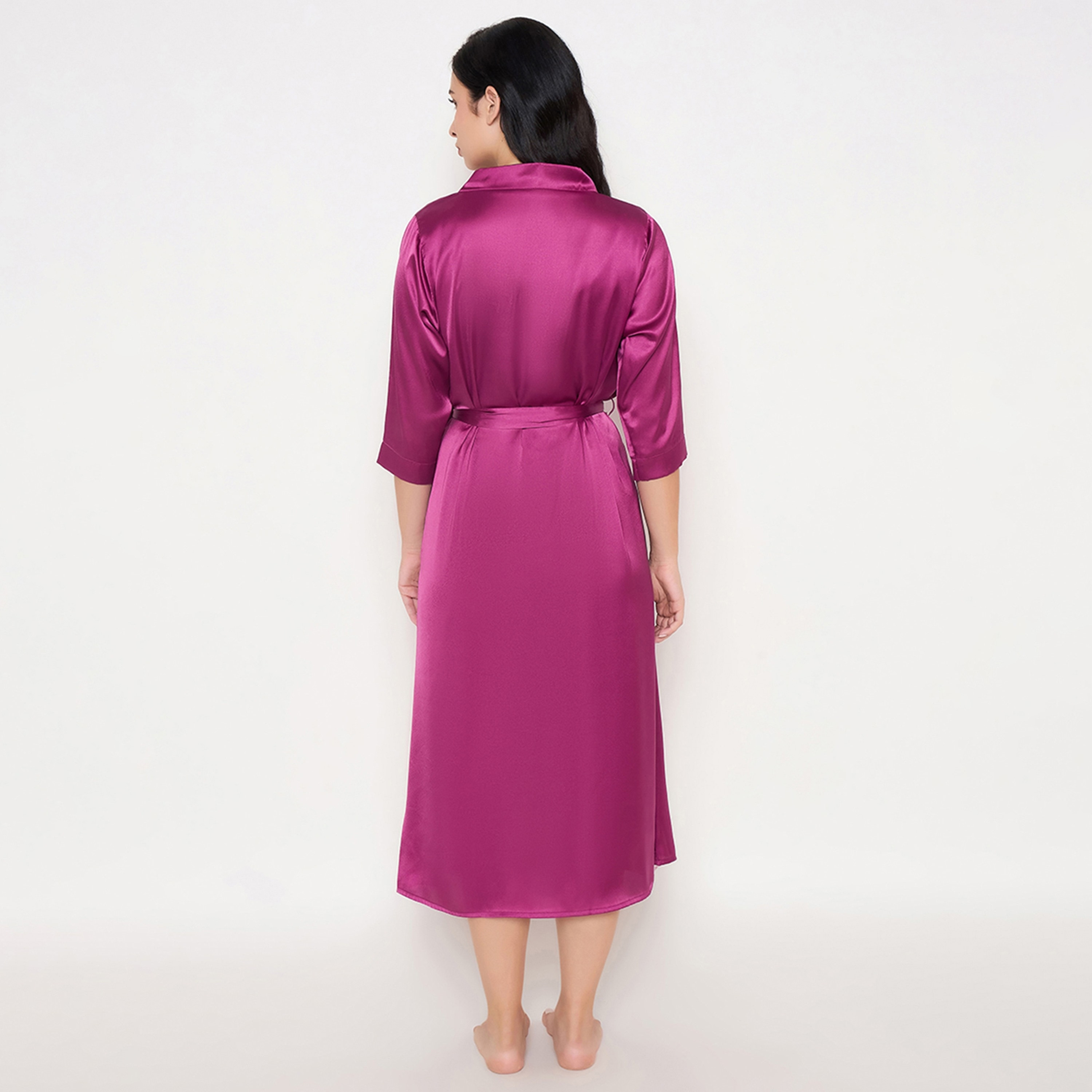 Clovia Chic Basic Long Women's Robe in Magenta - Satin-women-clothing-nightwear-robes-image-5