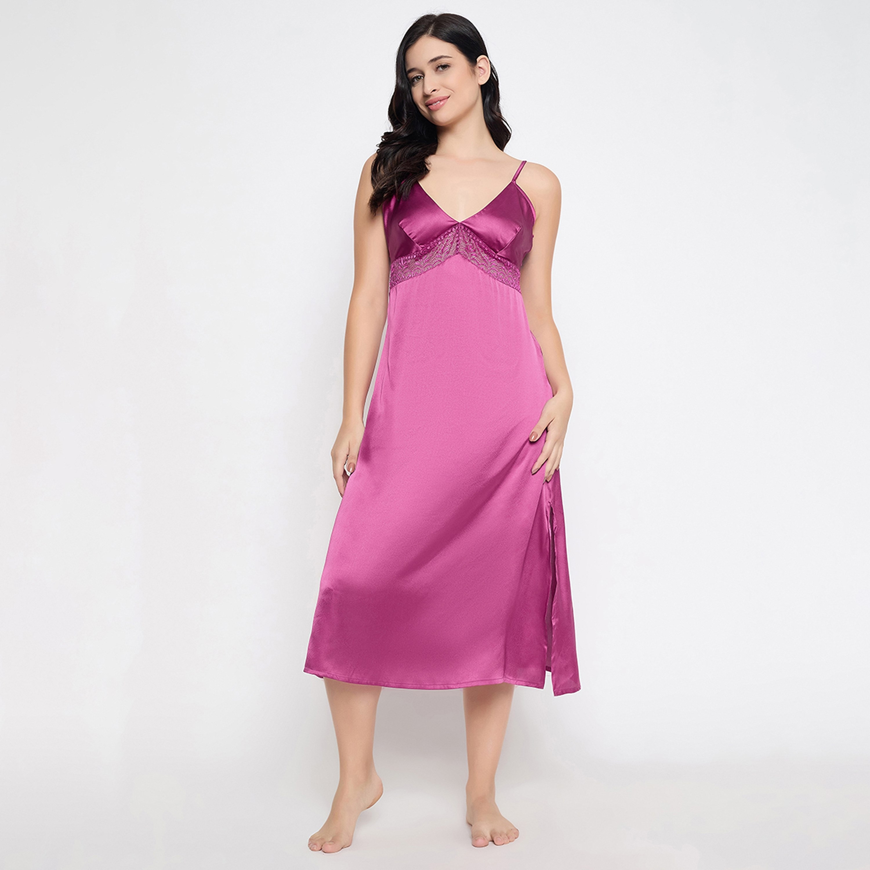 فستان نوم طويل نسائي شيك بيزيك باللون الأرجواني من كلوفيا - الساتان-women-clothing-nightwear-nighties-image-6