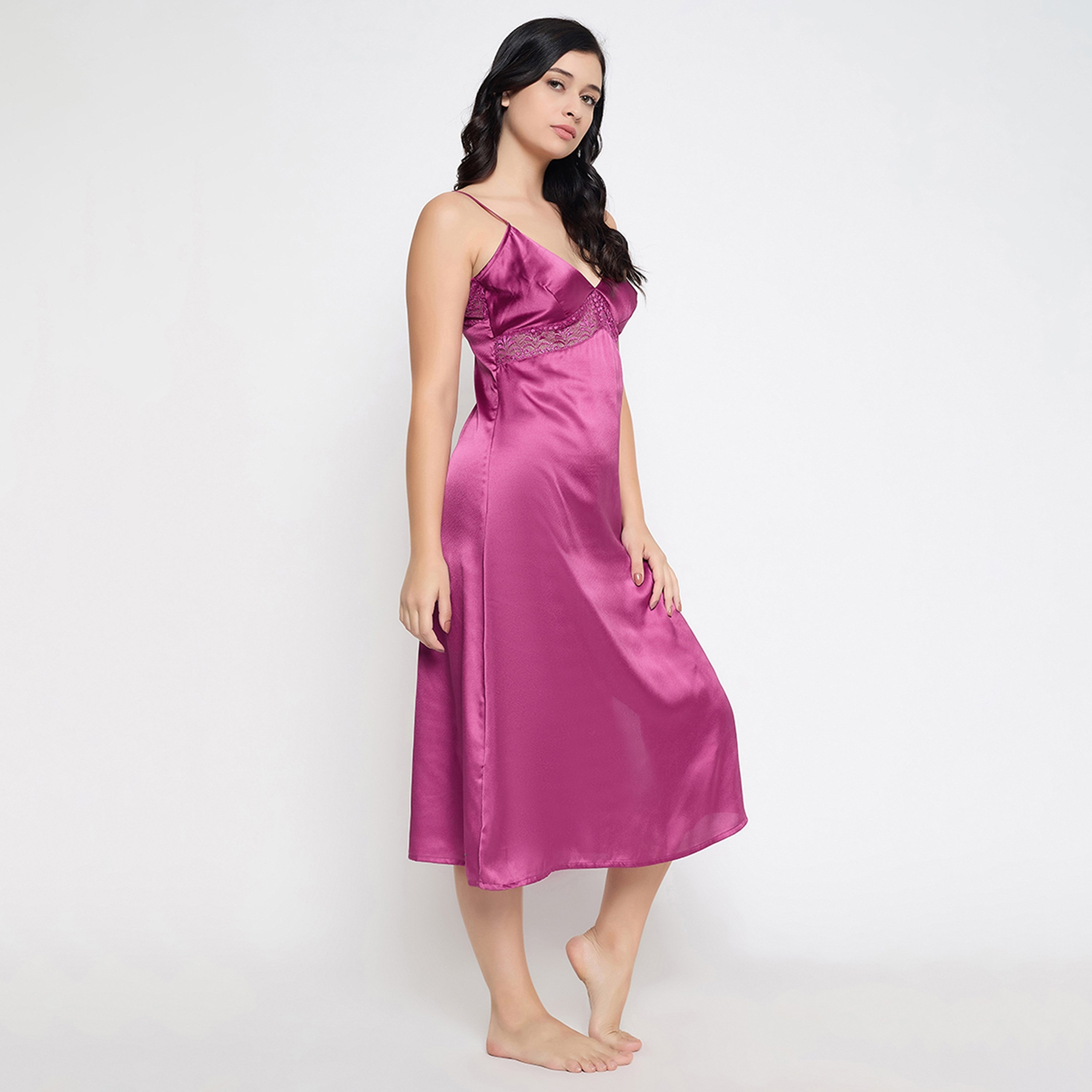 Clovia Chic Basic Women's Long Night Dress in Magenta - Satin-women-clothing-nightwear-nighties-image-3