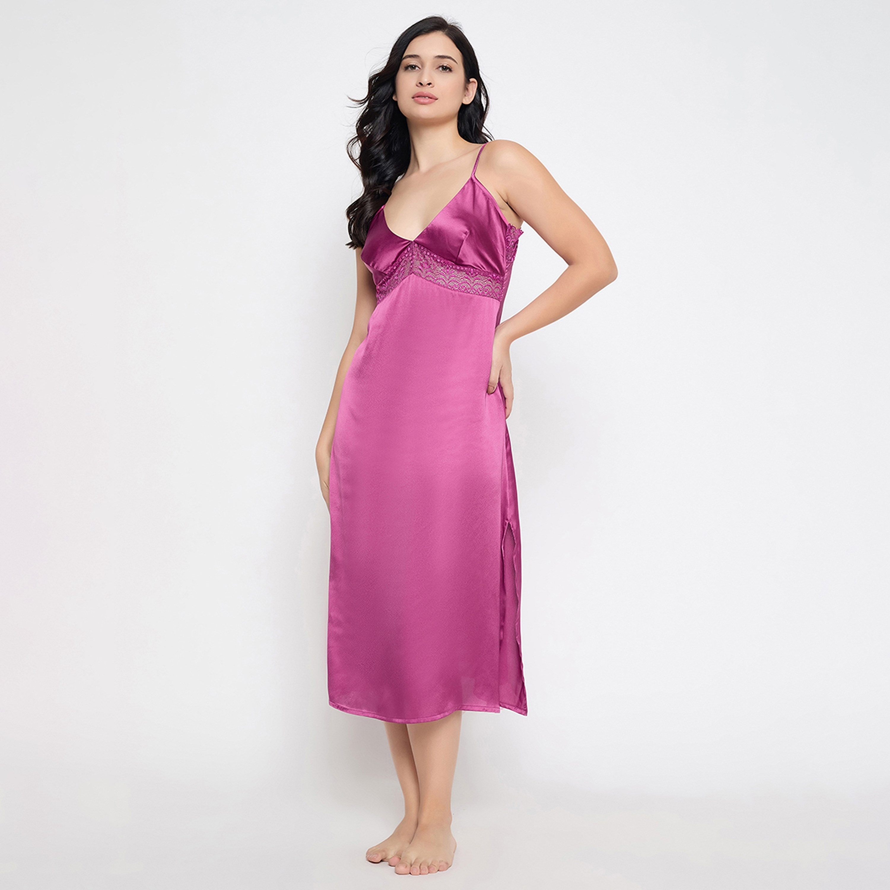 Clovia Chic Basic Women's Long Night Dress in Magenta - Satin-women-clothing-nightwear-nighties-image-4