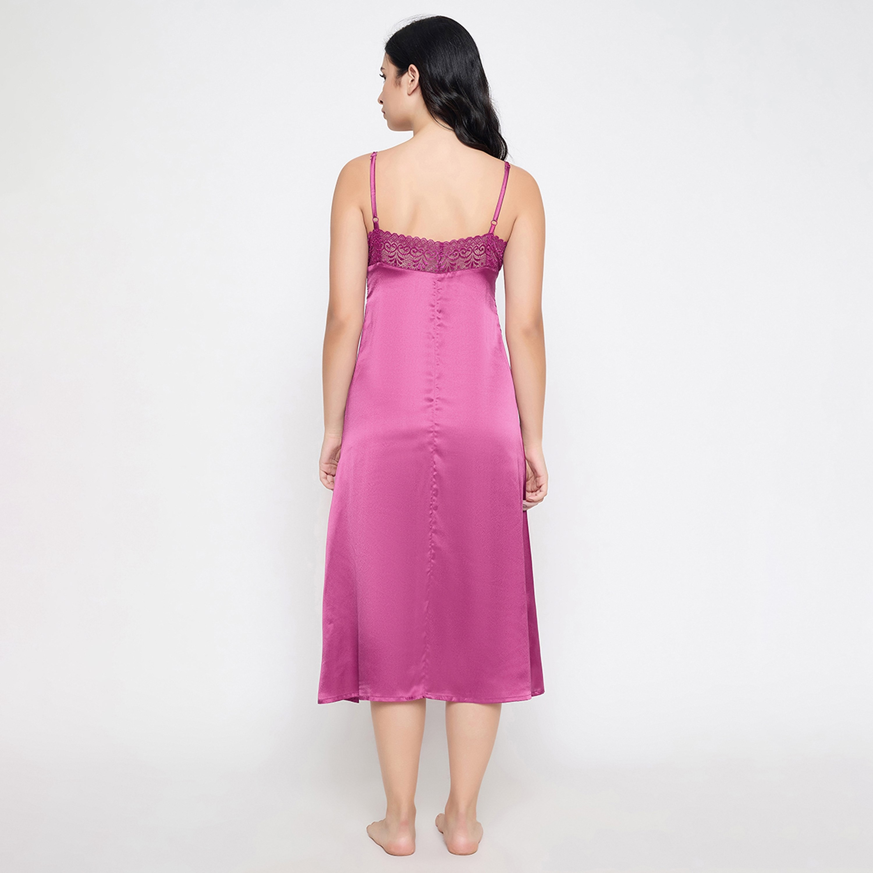 Clovia Chic Basic Women's Long Night Dress in Magenta - Satin-women-clothing-nightwear-nighties-image-5