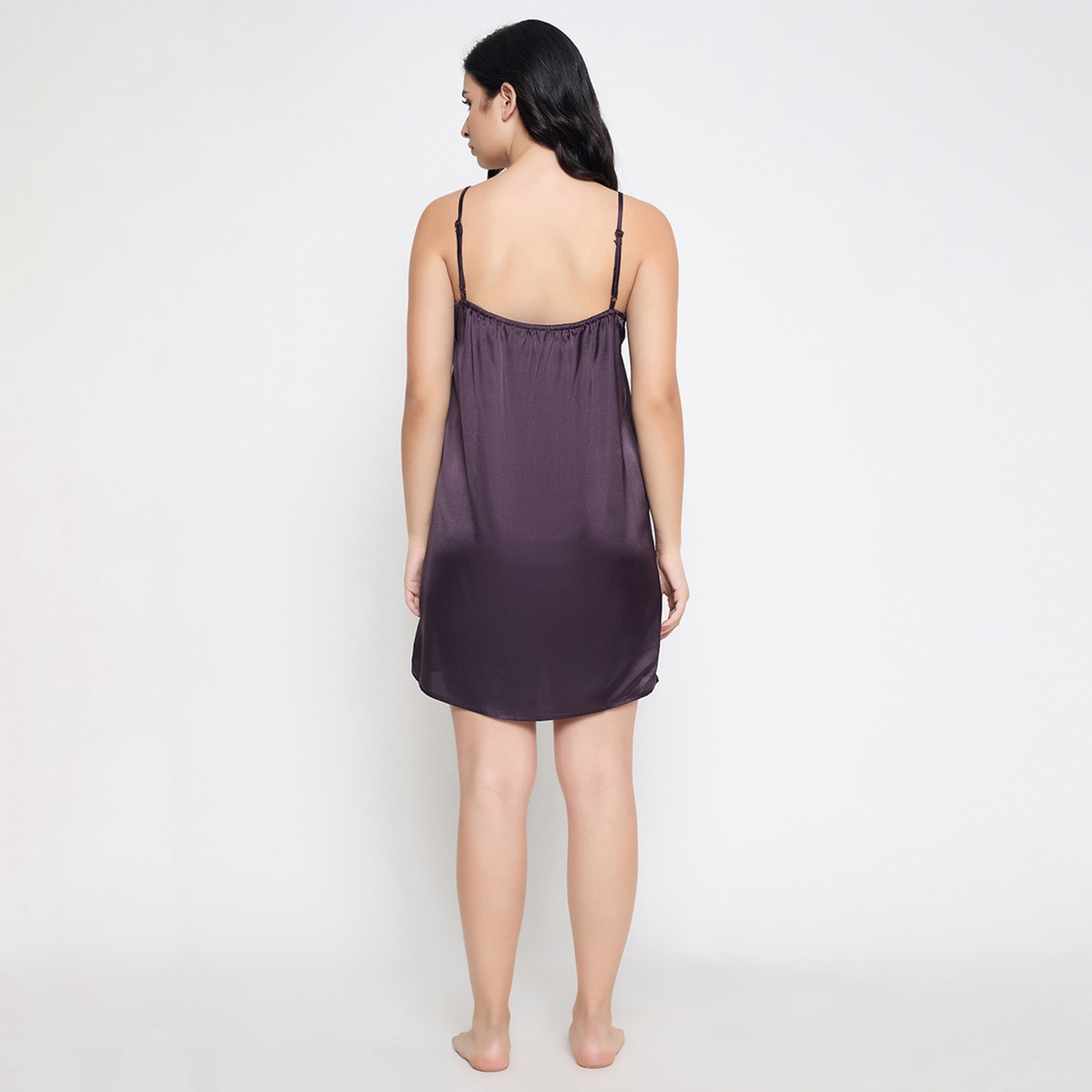 Clovia Chic Basic Women's Short Night Dress & Floral Printed Robe in Dark Purple - Satin-women-clothing-nightwear-nighties-image-5