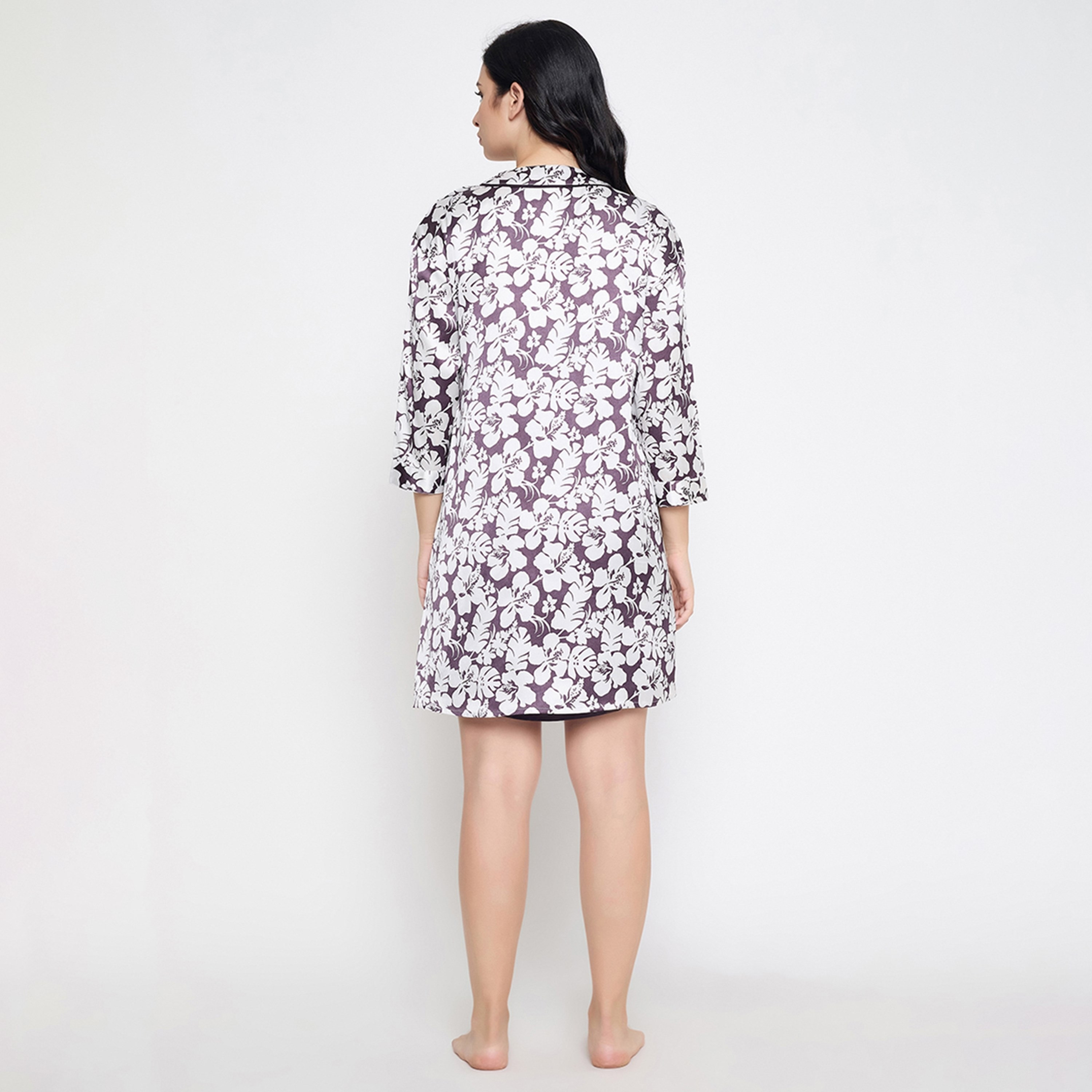 Clovia Chic Basic Women's Short Night Dress & Floral Printed Robe in Dark Purple - Satin-women-clothing-nightwear-nighties-image-6