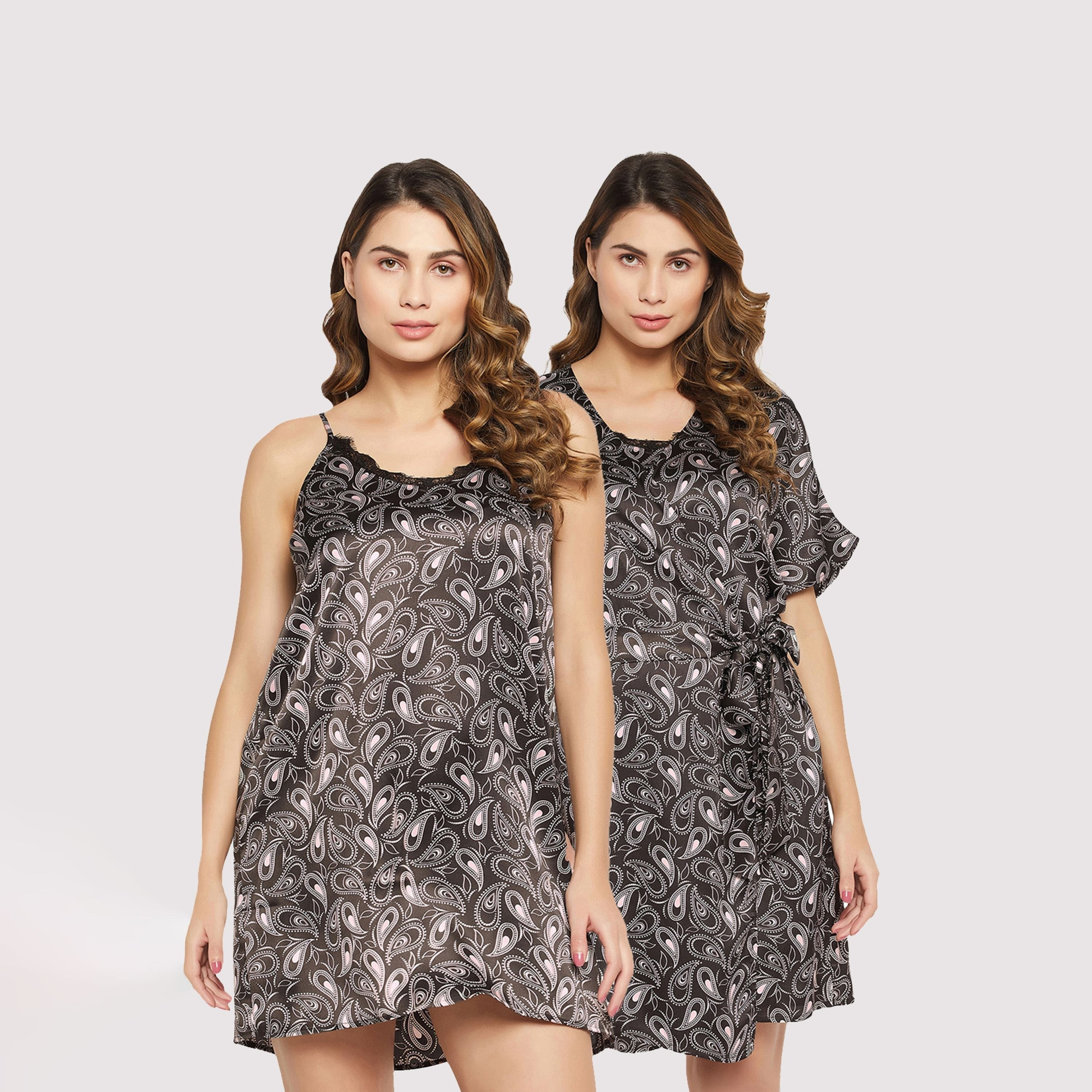طقم فستان نوم قصير وروب نسائي بطبعة نقشة بيزلي باللون الأسود من كلوفيا - ساتان-women-clothing-nightwear-nighties-image-1