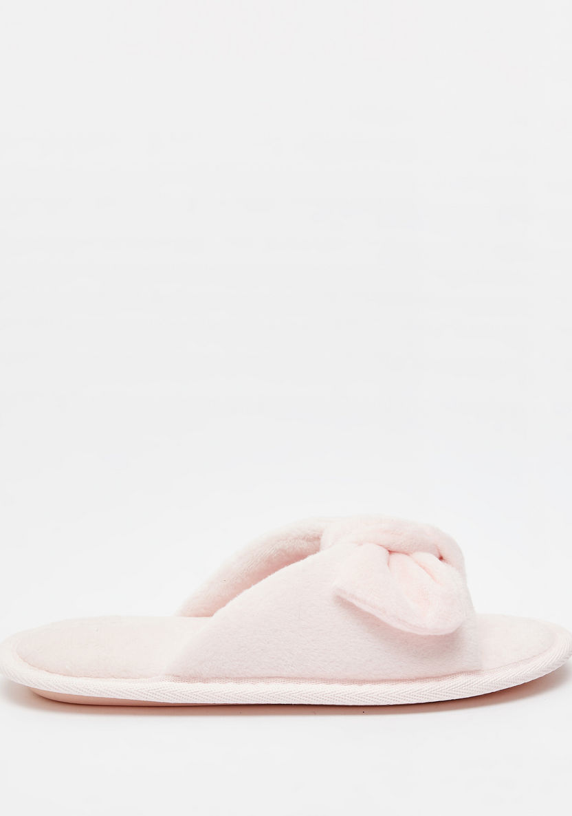 Textured Slip-On Bedroom Slide Slippers with Bow Detail-Girl%27s Bedroom Slippers-image-0