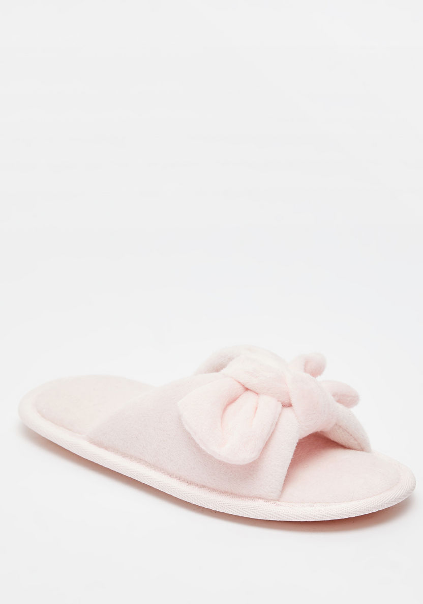 Textured Slip-On Bedroom Slide Slippers with Bow Detail-Girl%27s Bedroom Slippers-image-1