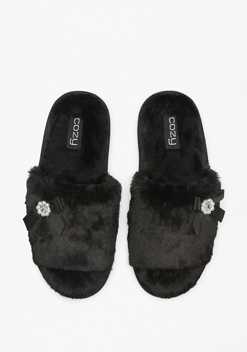 Cozy Plush Textured Bedroom Slides with Bow Detail-Women%27s Bedroom Slippers-image-0