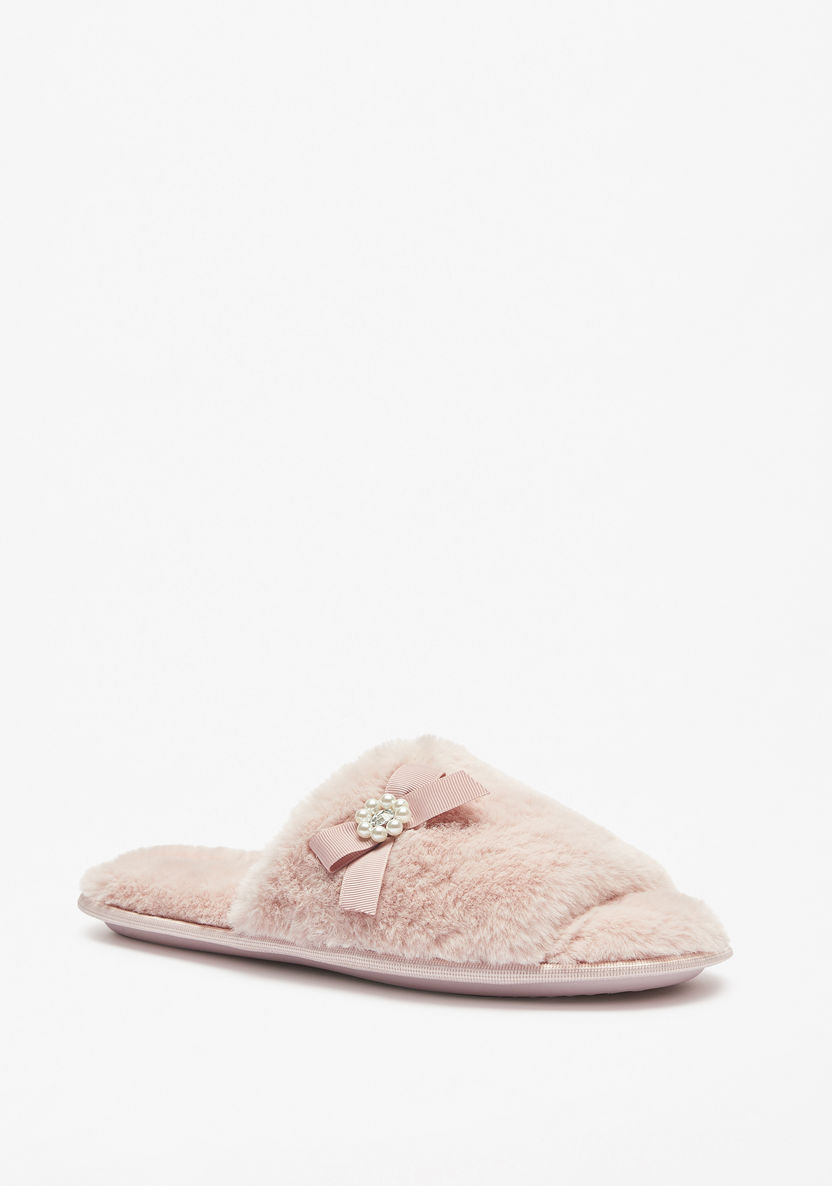 Cozy Plush Textured Bedroom Slides with Bow Detail-Women%27s Bedroom Slippers-image-1