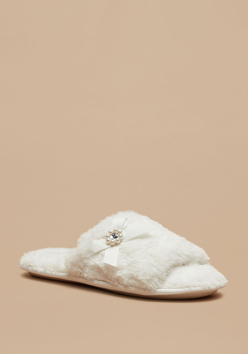 Cozy Plush Textured Bedroom Slides with Bow Detail-Women%27s Bedroom Slippers-image-1