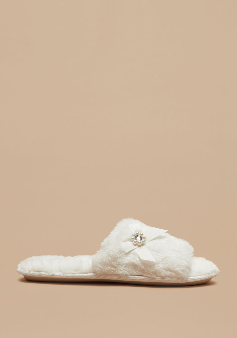 Cozy Plush Textured Bedroom Slides with Bow Detail-Women%27s Bedroom Slippers-image-2