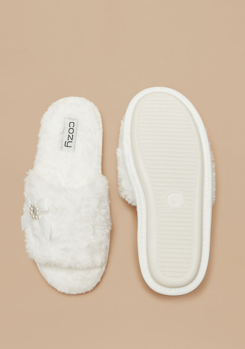 Cozy Plush Textured Bedroom Slides with Bow Detail-Women%27s Bedroom Slippers-image-4