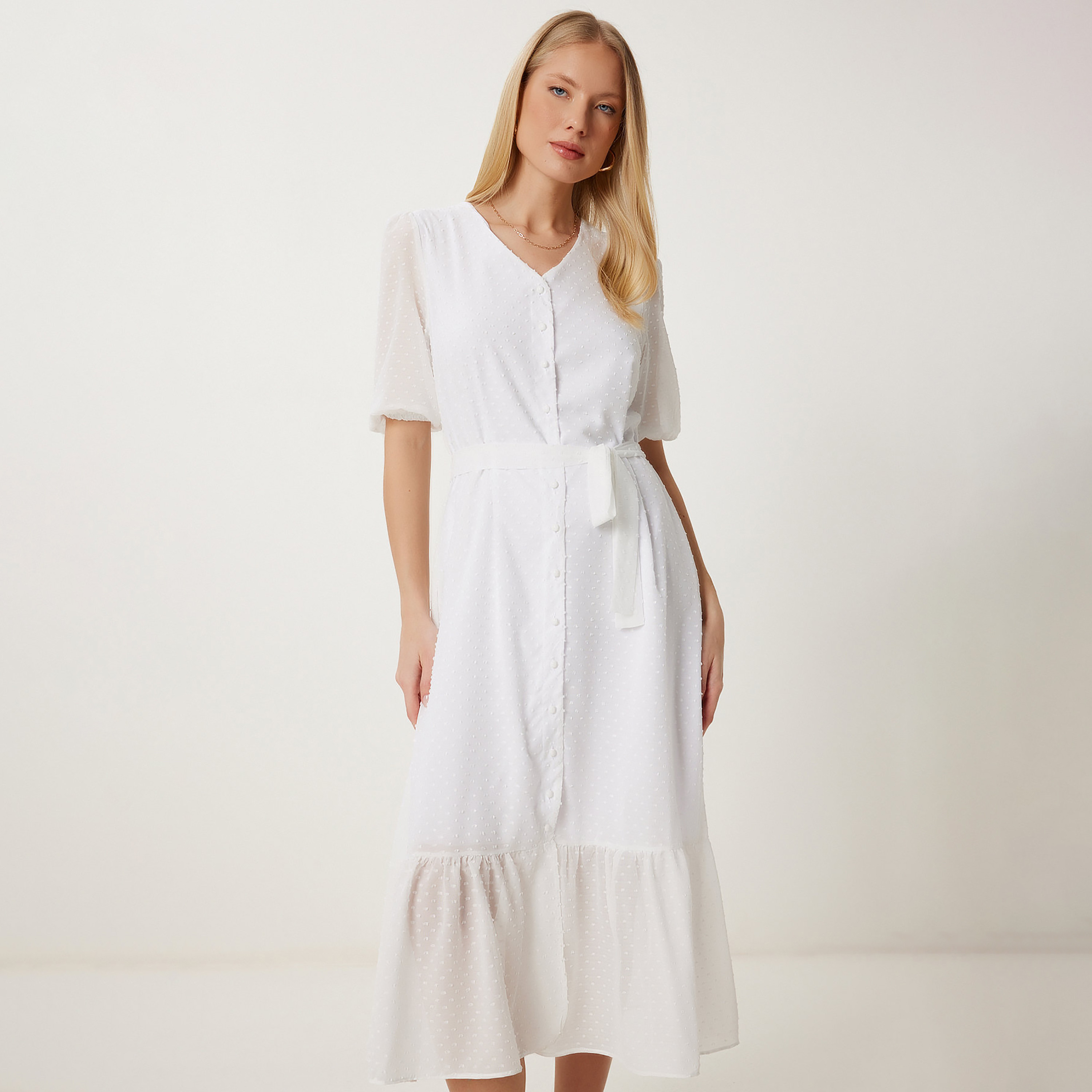 Happiness Istanbul White Dobby Puff Sleeves Tiered Women's Midi Dress-women-clothing-dresses-image-2