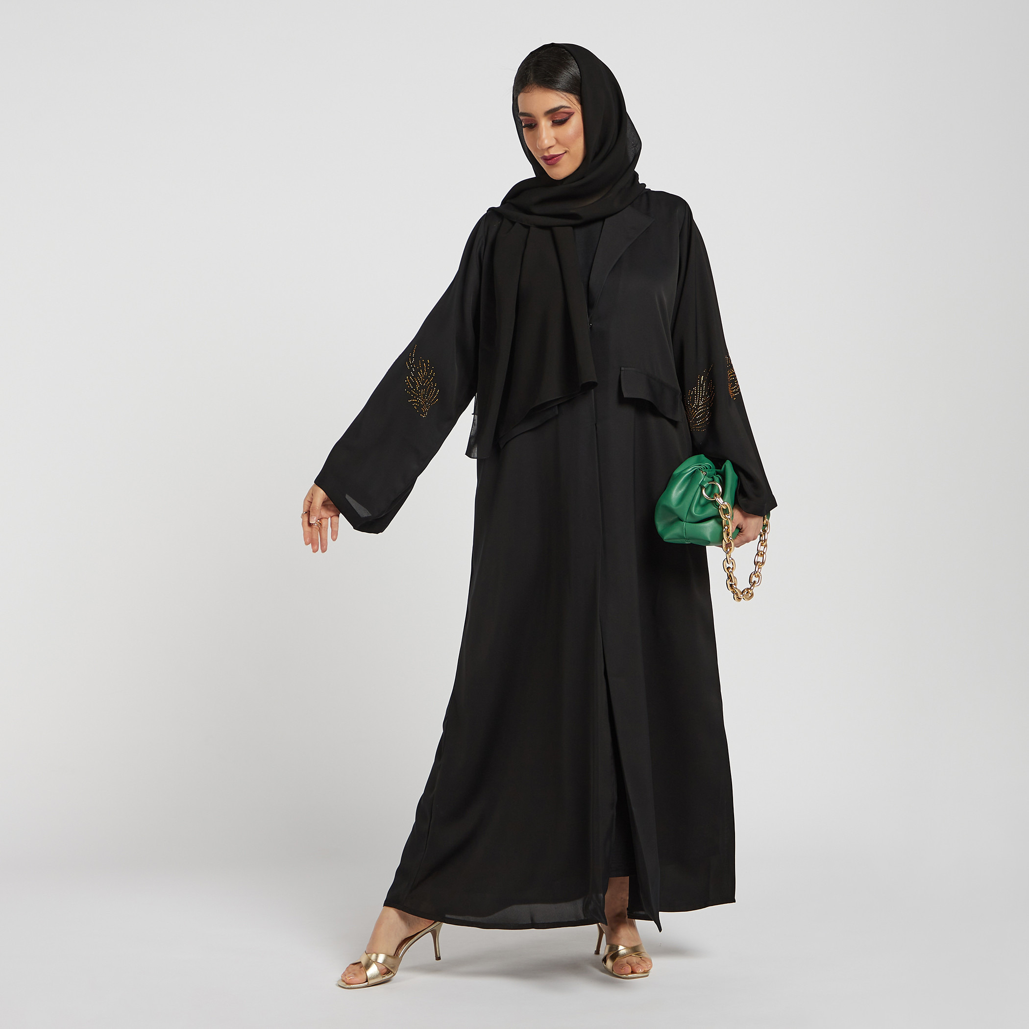 Nukhbaa Embellished Abaya with Pockets and Hijab-women-arabicclothing-abayas-image-1