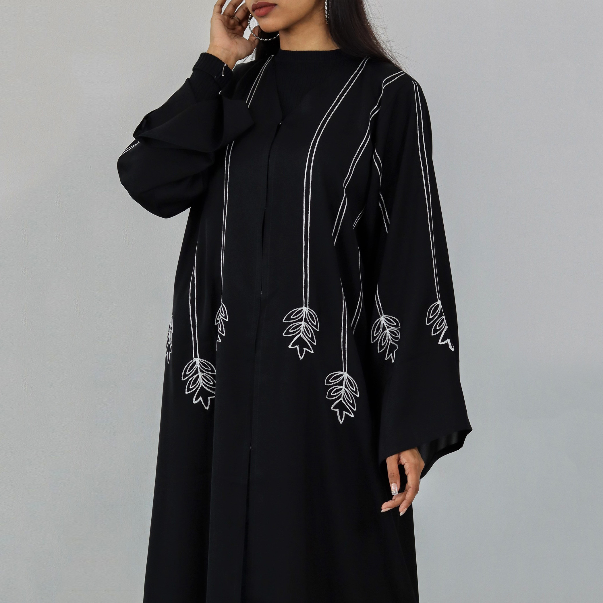 Nukhbaa Printed V-neck Abaya with Hijab-women-arabicclothing-abayas-image-3