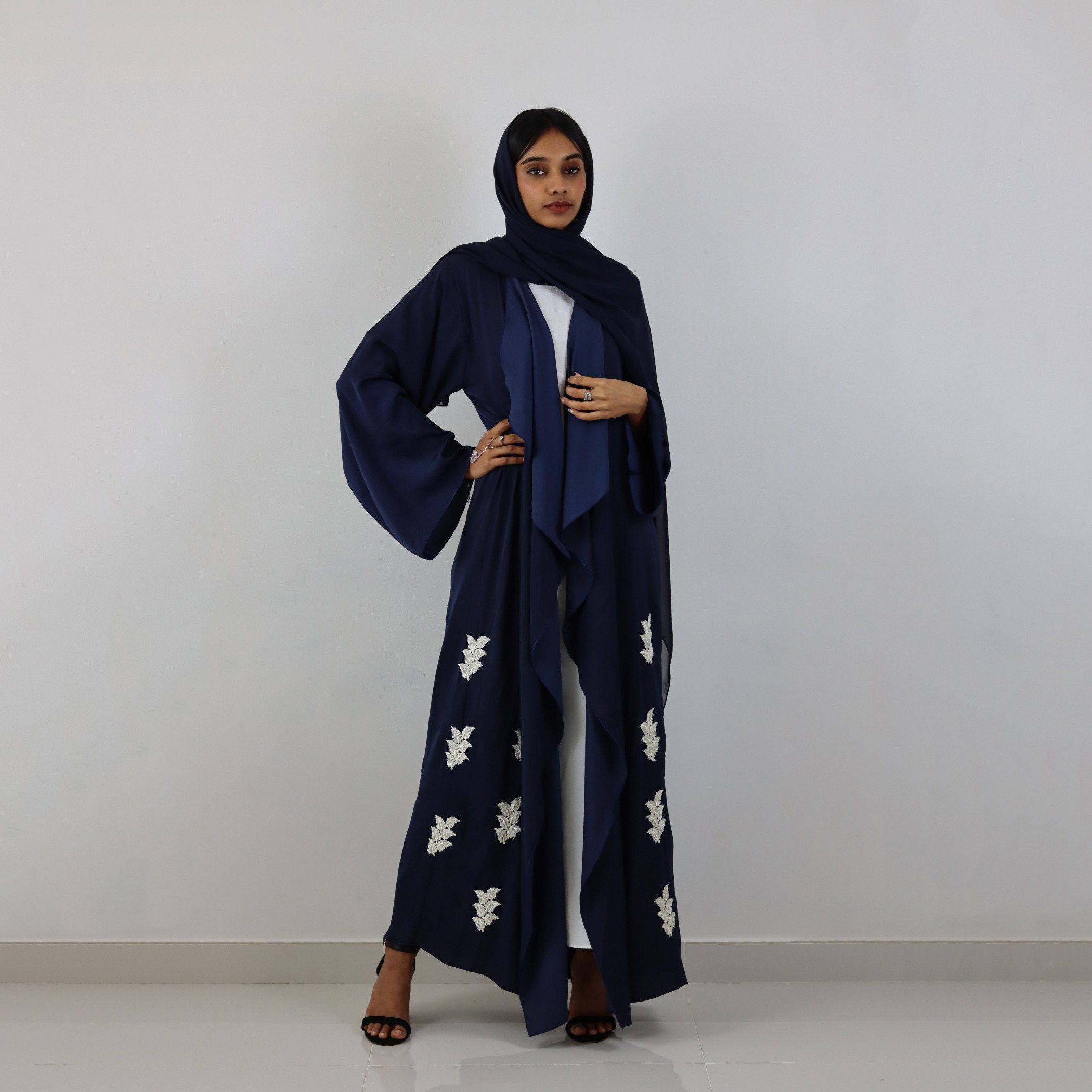 Nukhbaa Embroidered Open Front Abaya with Stylized Neckline and Hijab-women-arabicclothing-abayas-image-1