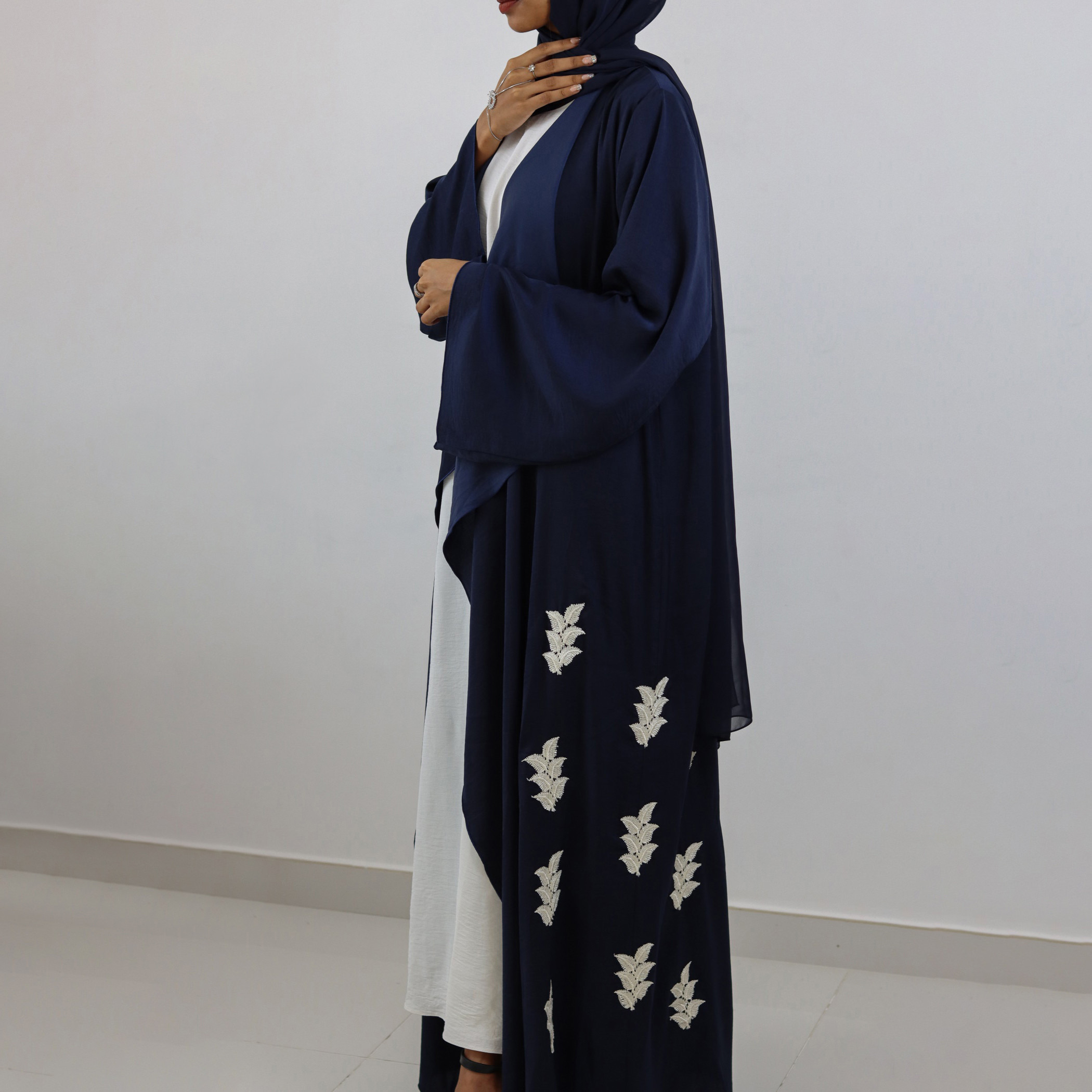 Nukhbaa Embroidered Open Front Abaya with Stylized Neckline and Hijab-women-arabicclothing-abayas-image-3
