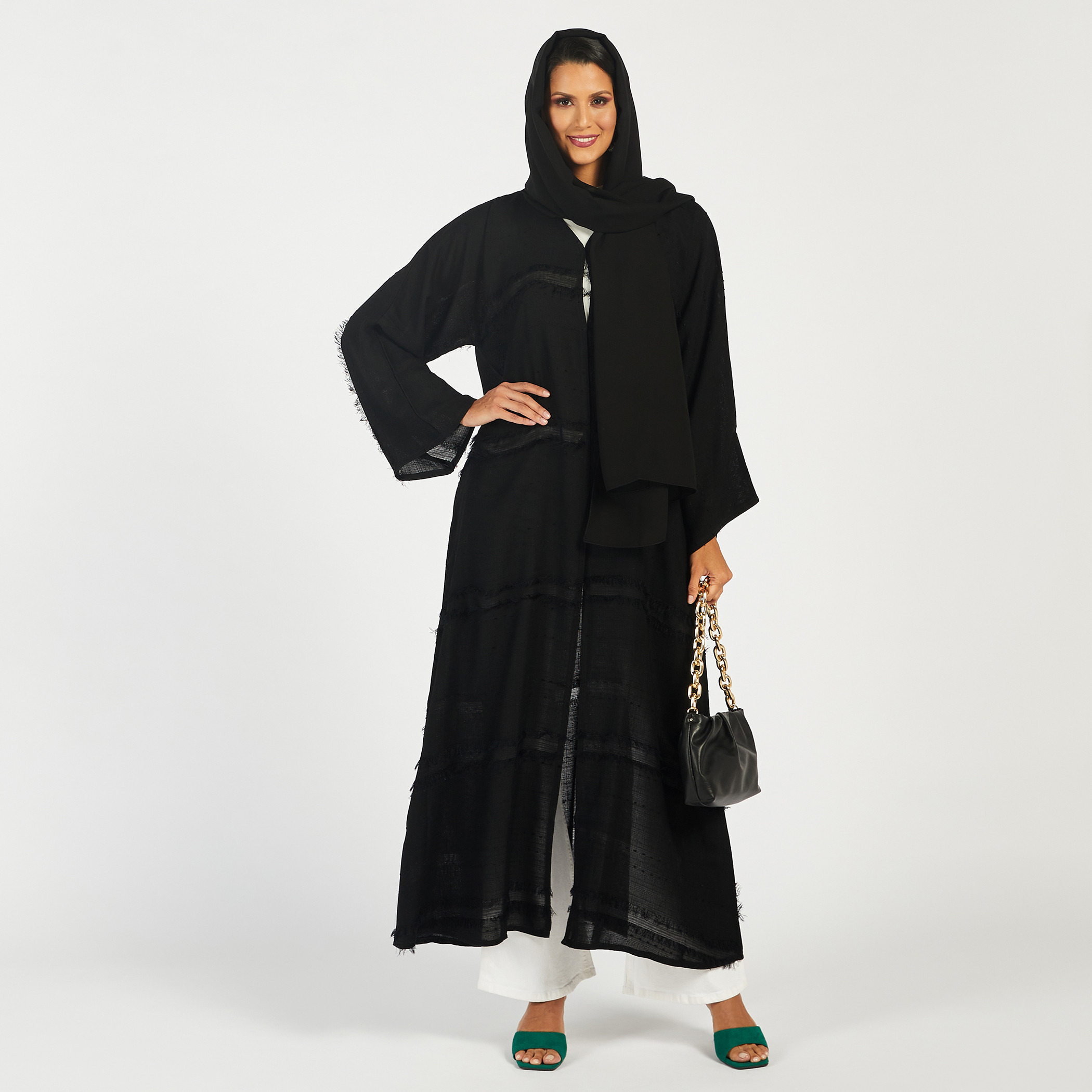 Nukhbaa Frayed Detail Abaya with V-neck and Hijab-women-arabicclothing-abayas-image-1