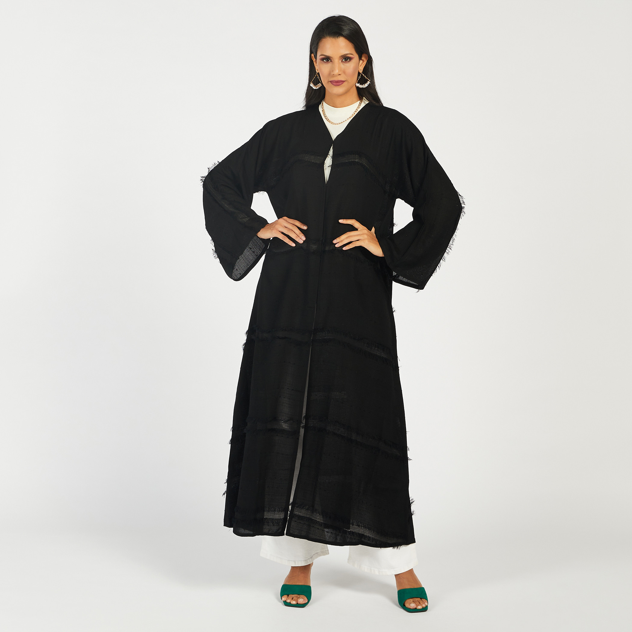 Nukhbaa Frayed Detail Abaya with V-neck and Hijab-women-arabicclothing-abayas-image-2