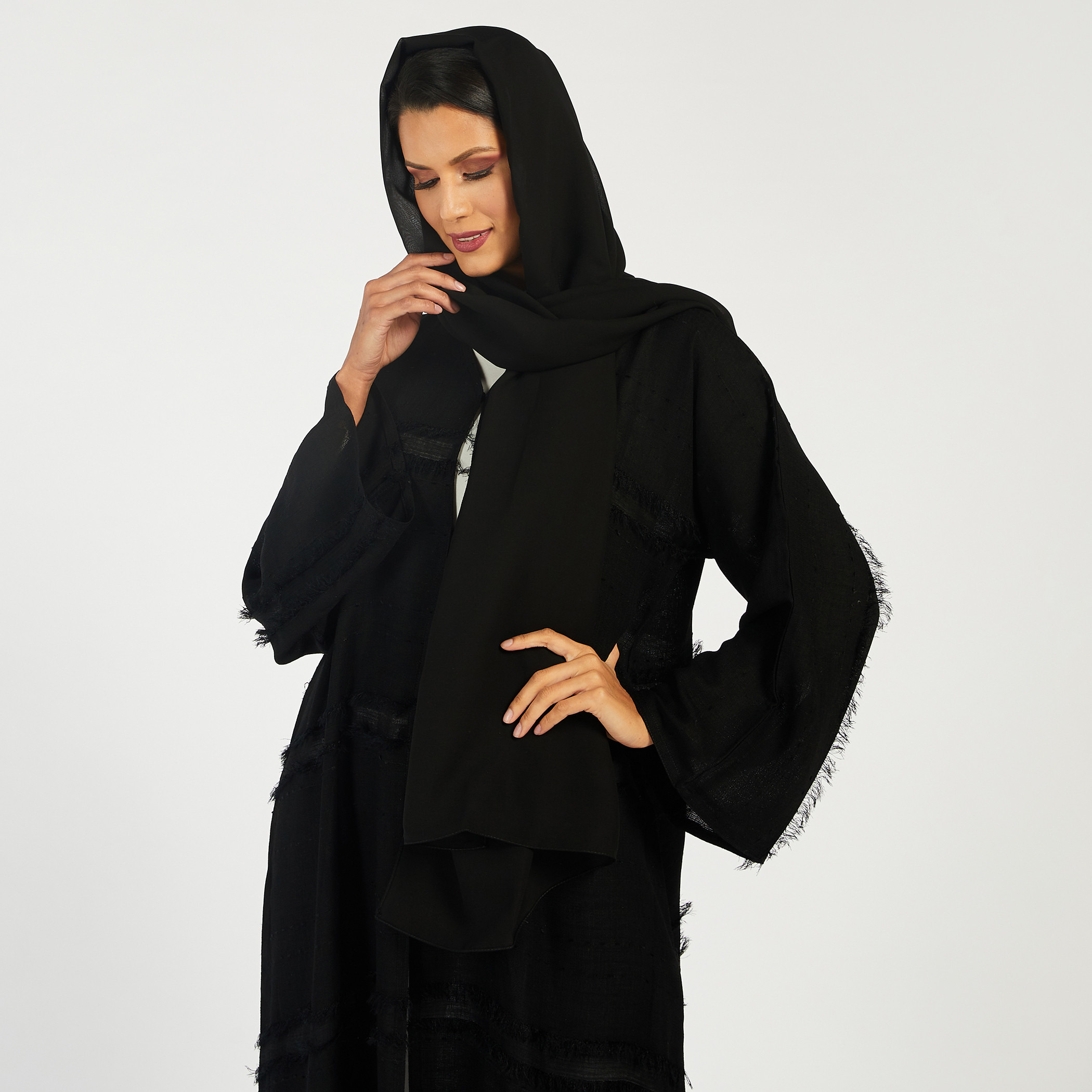Nukhbaa Frayed Detail Abaya with V-neck and Hijab-women-arabicclothing-abayas-image-3