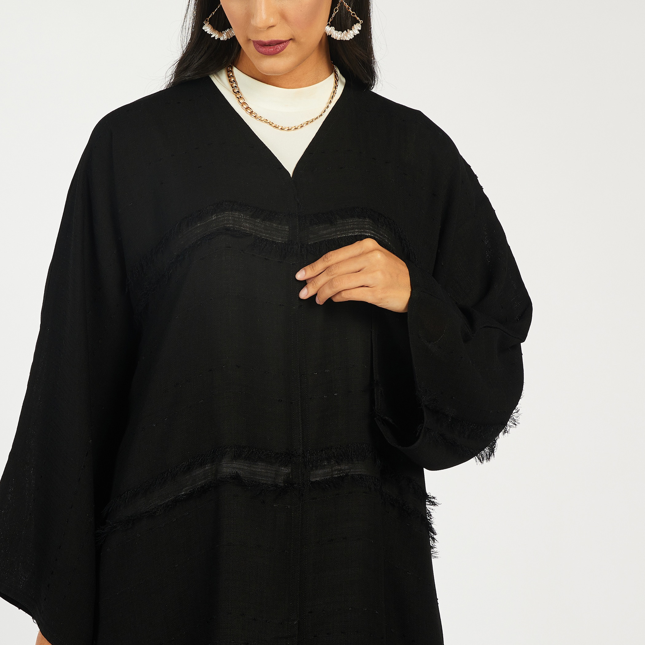 Nukhbaa Frayed Detail Abaya with V-neck and Hijab-women-arabicclothing-abayas-image-4