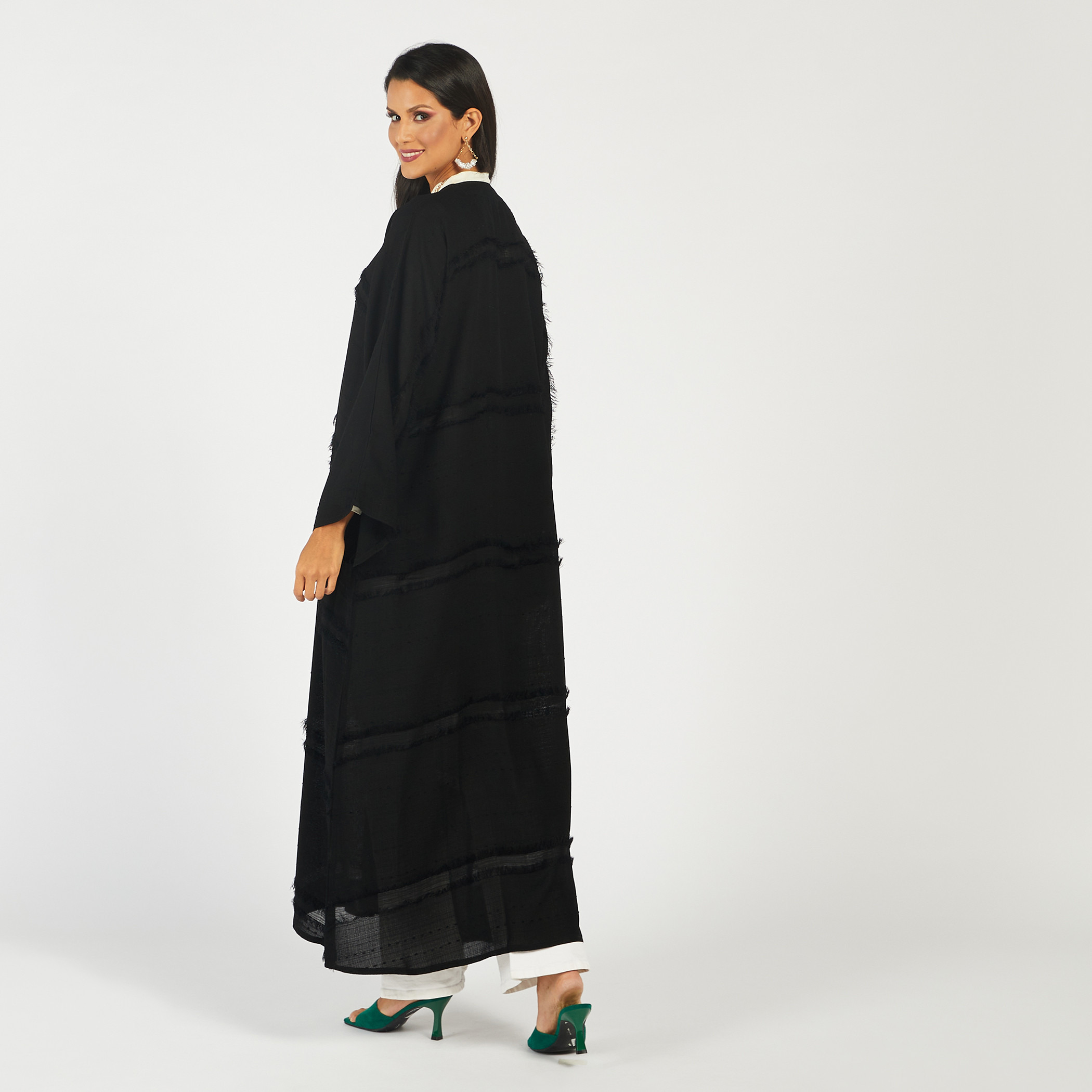 Nukhbaa Frayed Detail Abaya with V-neck and Hijab-women-arabicclothing-abayas-image-5
