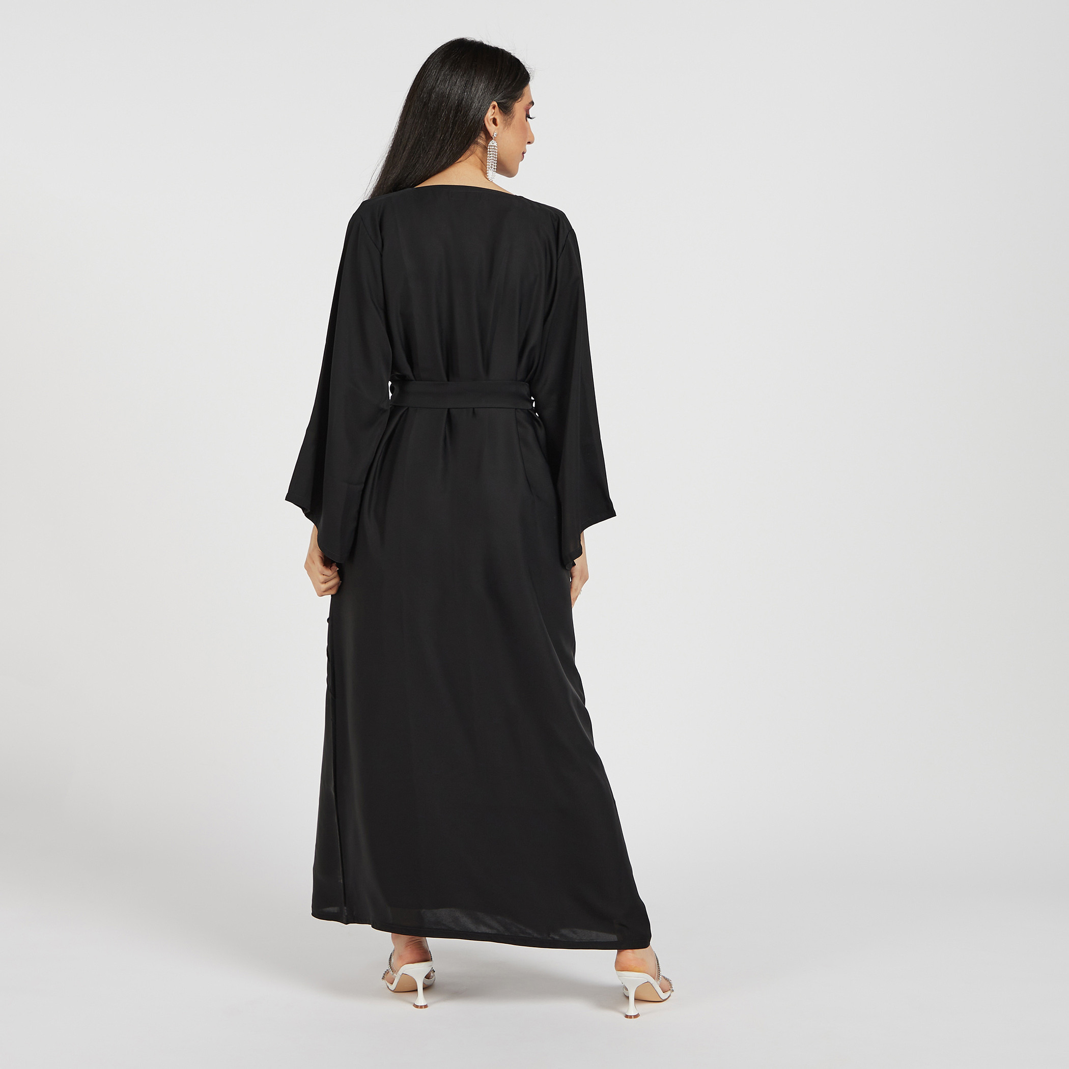 Nukhbaa Textured Abaya with Belt Tie-Ups and Hijab-women-arabicclothing-abayas-image-5