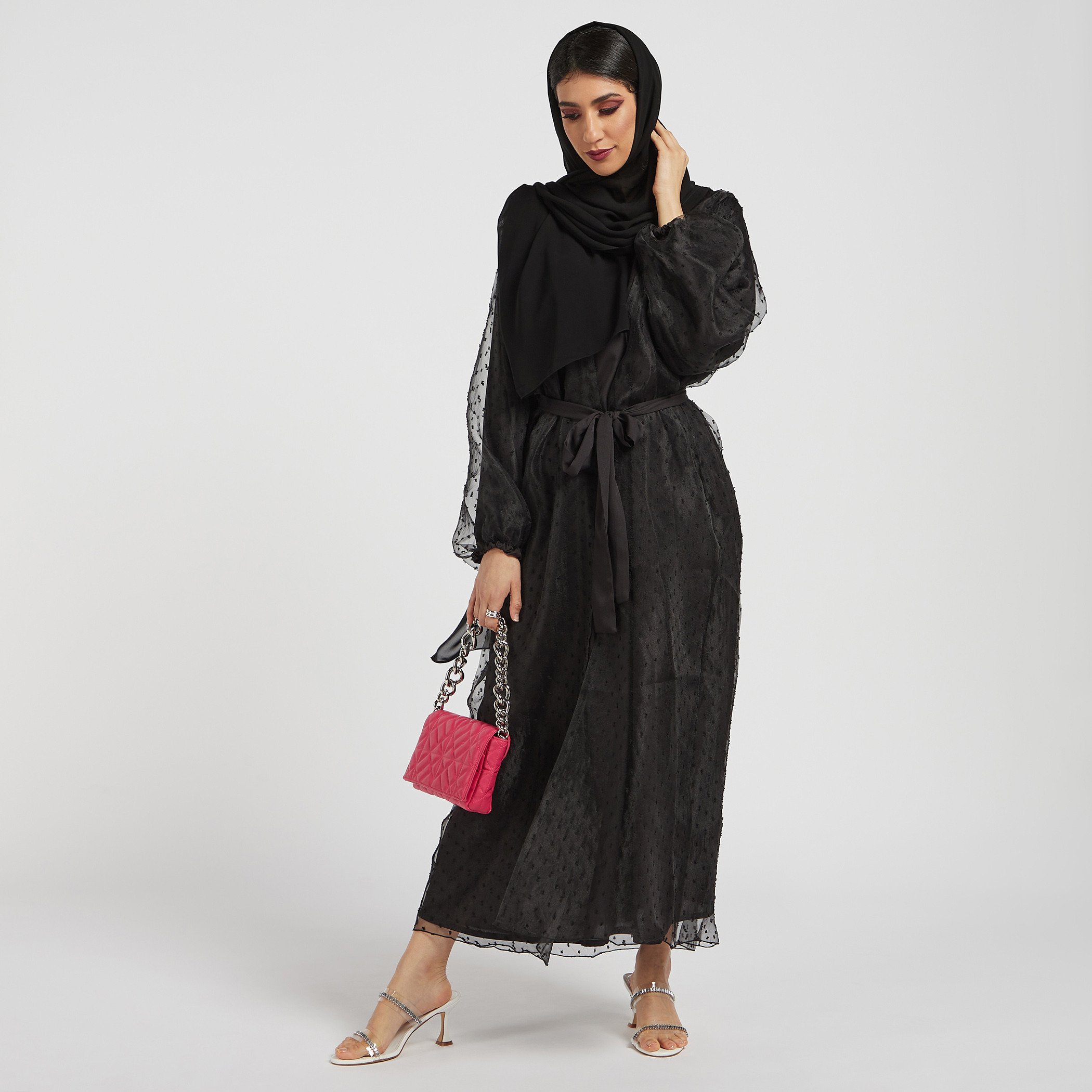 Nukhbaa Mesh Overlay Abaya with Belt Tie-Ups and Hijab-women-arabicclothing-abayas-image-2
