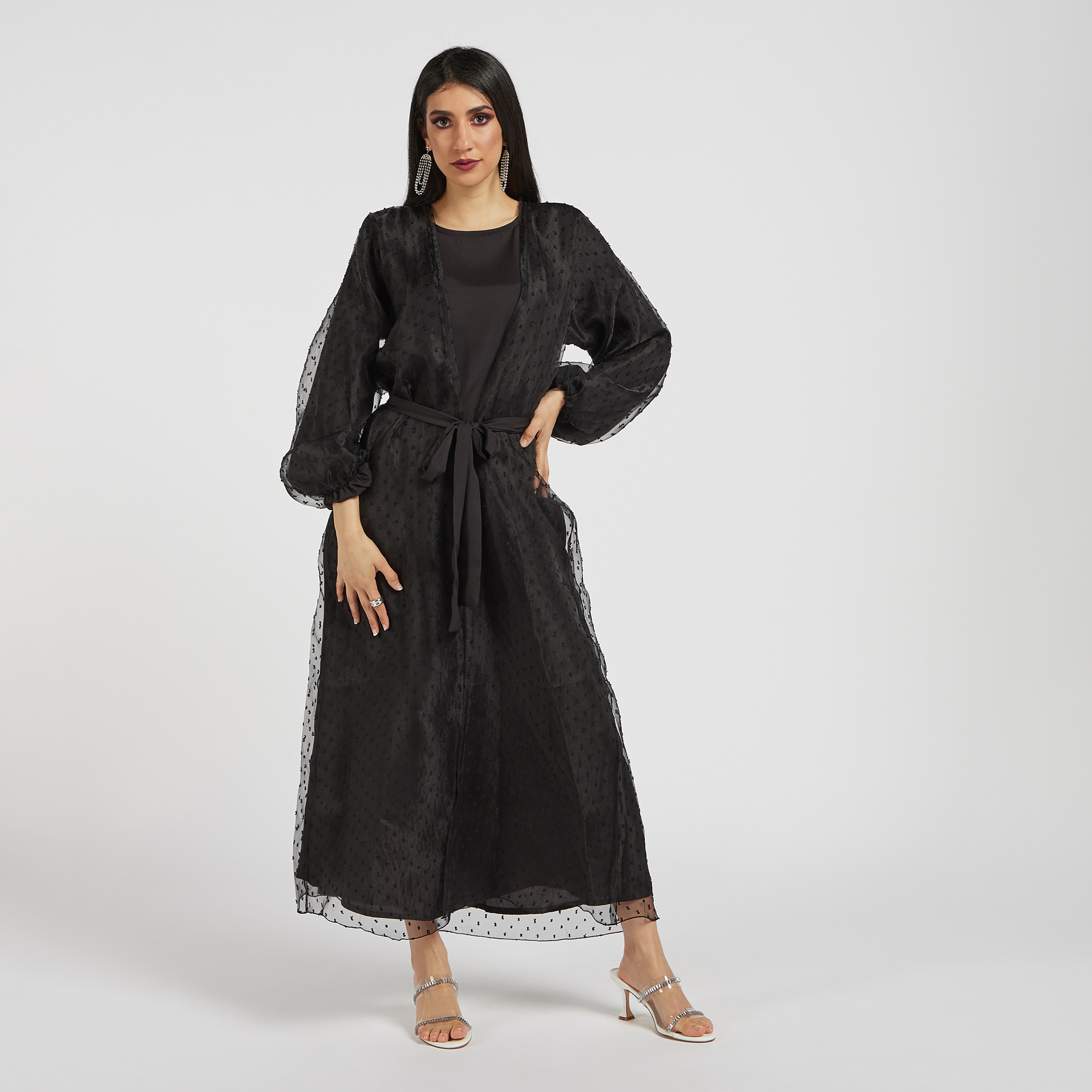 Nukhbaa Mesh Overlay Abaya with Belt Tie-Ups and Hijab-women-arabicclothing-abayas-image-3