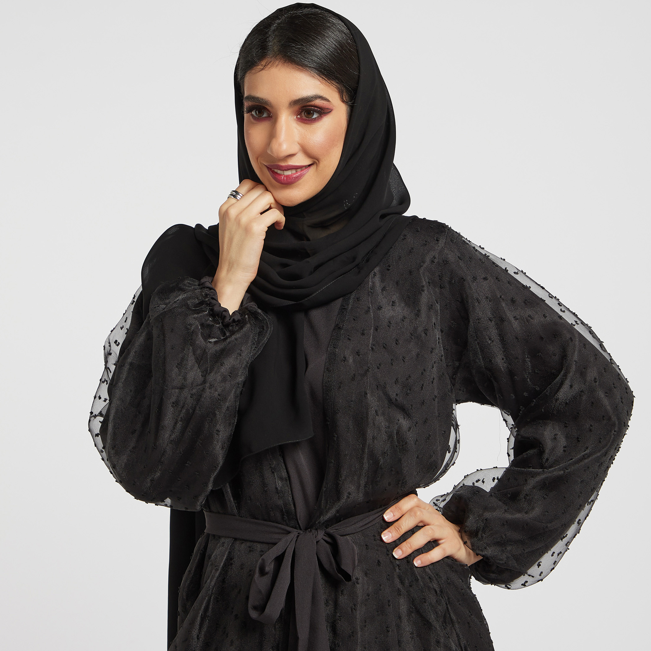 Nukhbaa Mesh Overlay Abaya with Belt Tie-Ups and Hijab-women-arabicclothing-abayas-image-4