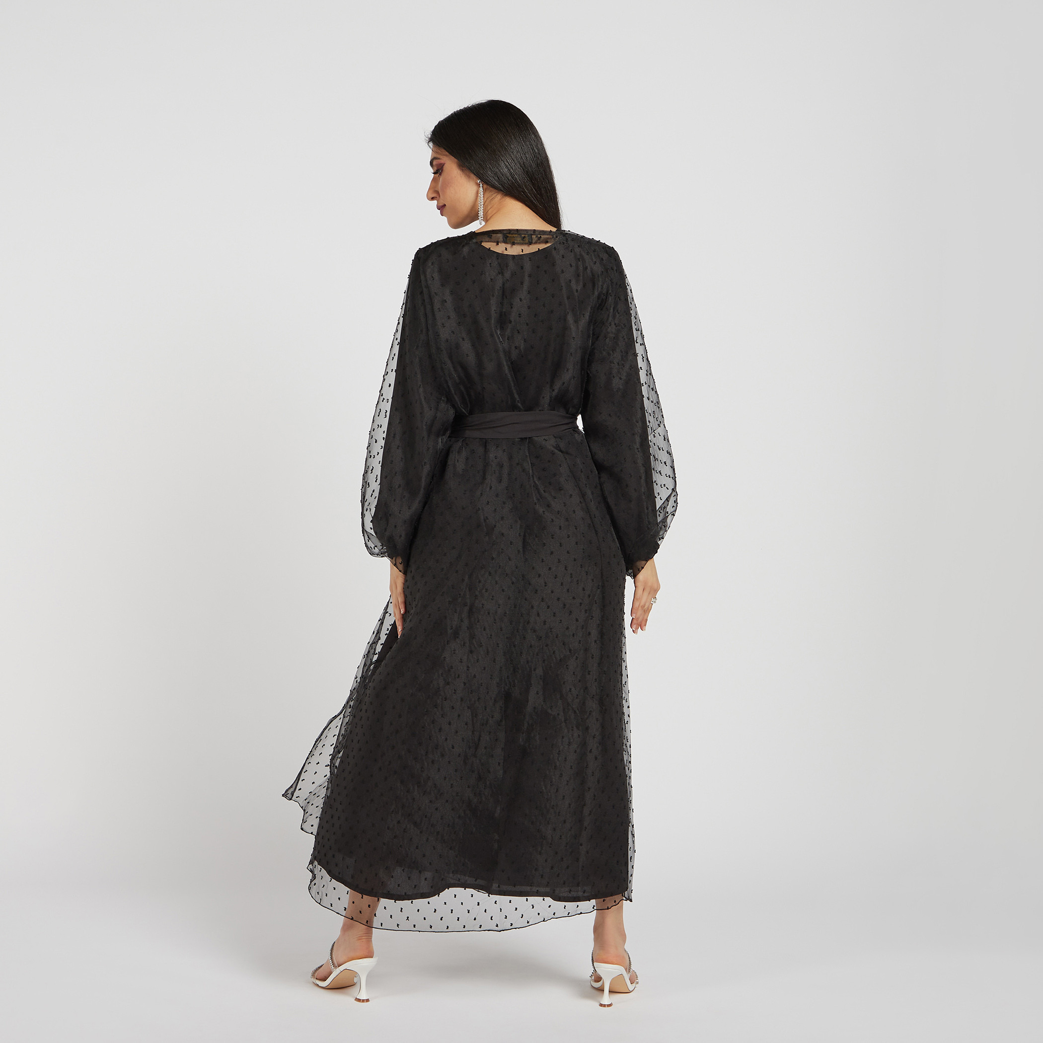 Nukhbaa Mesh Overlay Abaya with Belt Tie-Ups and Hijab-women-arabicclothing-abayas-image-1
