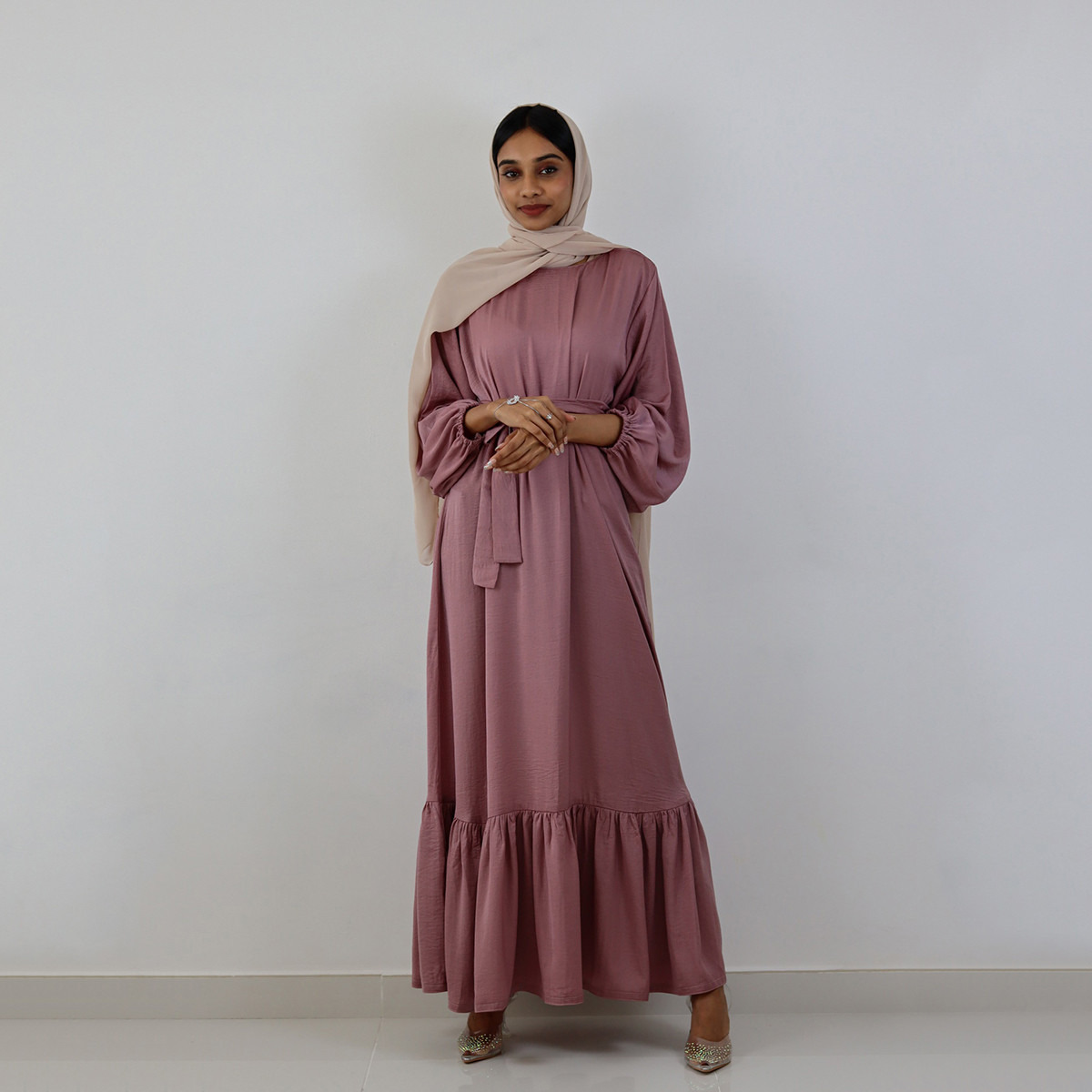 Nukhbaa Solid Abaya with Long Sleeves and Hijab-women-arabicclothing-abayas-image-1