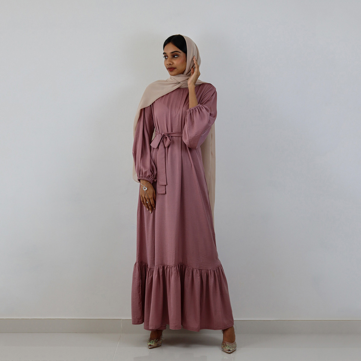 Nukhbaa Solid Abaya with Long Sleeves and Hijab-women-arabicclothing-abayas-image-2