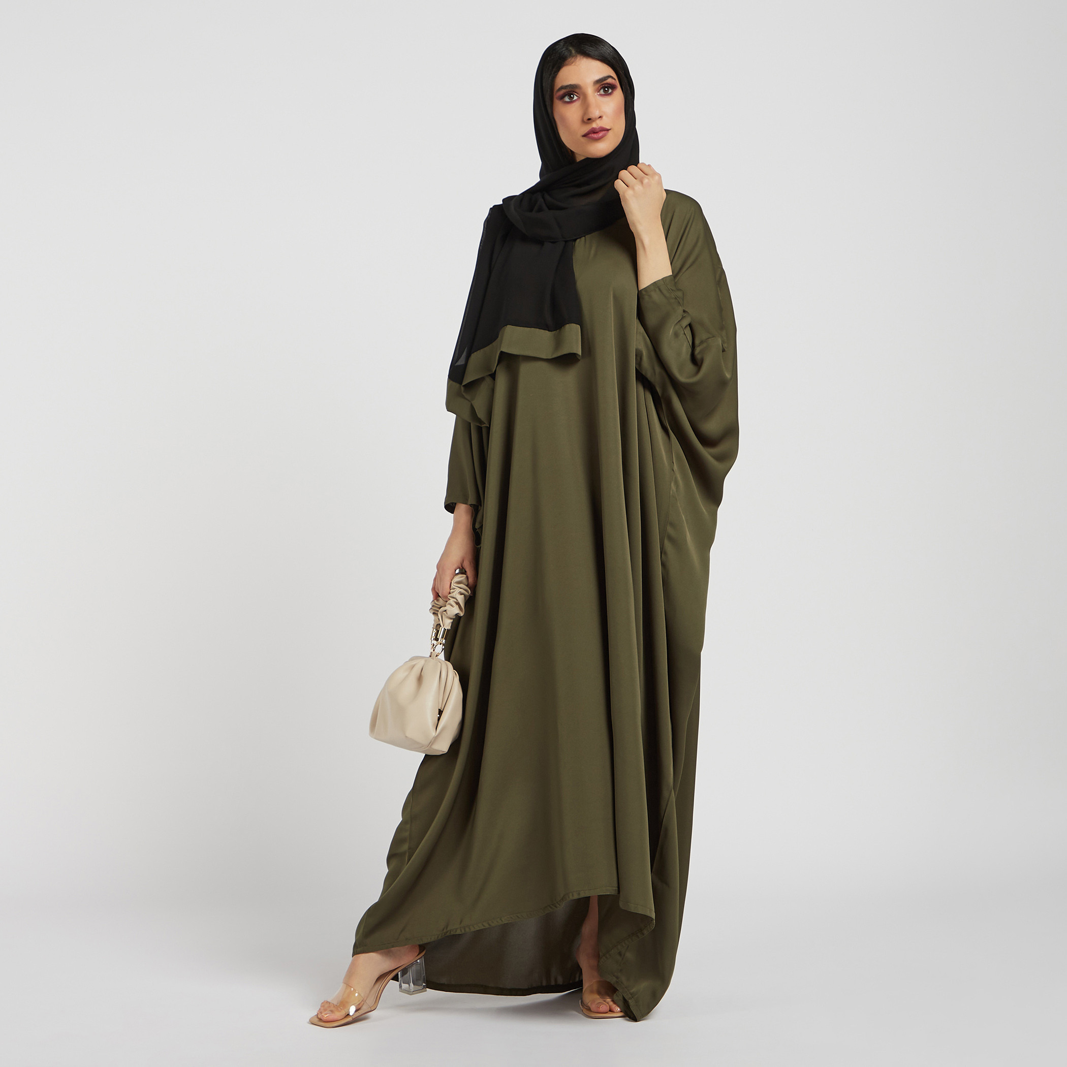 Nukhbaa Solid Abaya with Round Neck and Hijab-women-arabicclothing-abayas-image-1