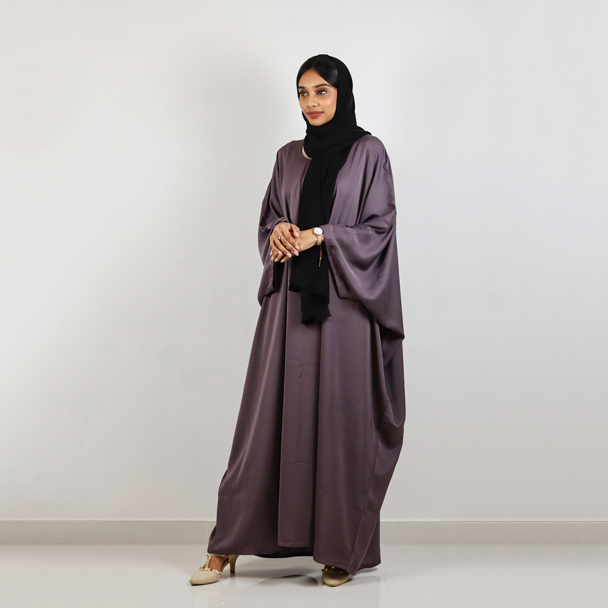 Nukhbaa Solid Abaya with Button Closure-women-arabicclothing-abayas-image-1