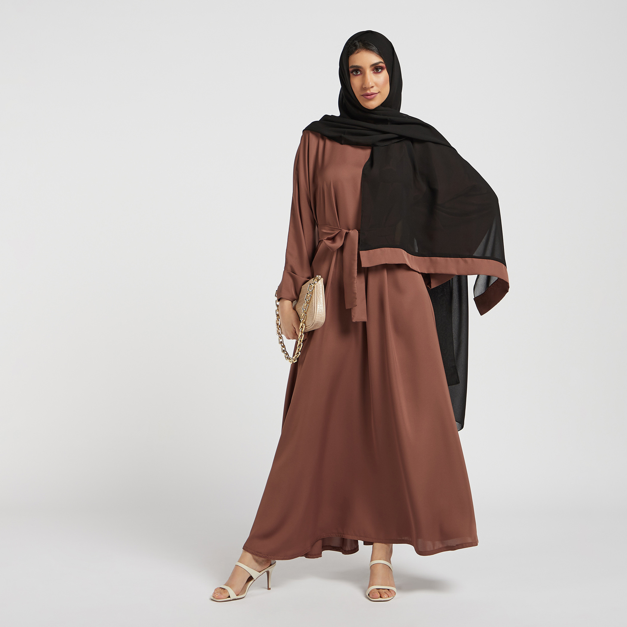 Nukhbaa Solid Abaya with Hijab and Tie-Up Belt-women-arabicclothing-abayas-image-1