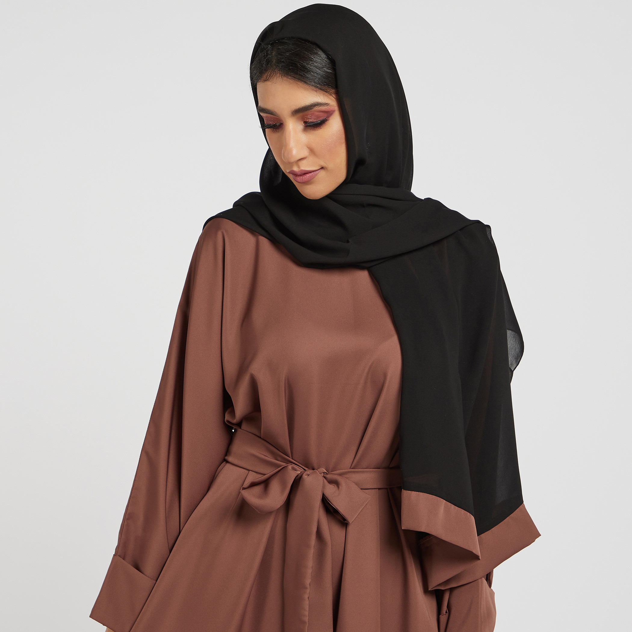 Nukhbaa Solid Abaya with Hijab and Tie-Up Belt-women-arabicclothing-abayas-image-3