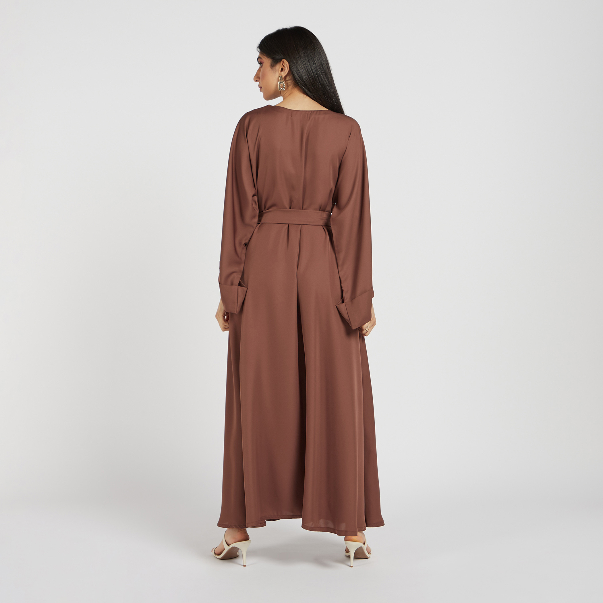 Nukhbaa Solid Abaya with Hijab and Tie-Up Belt-women-arabicclothing-abayas-image-4