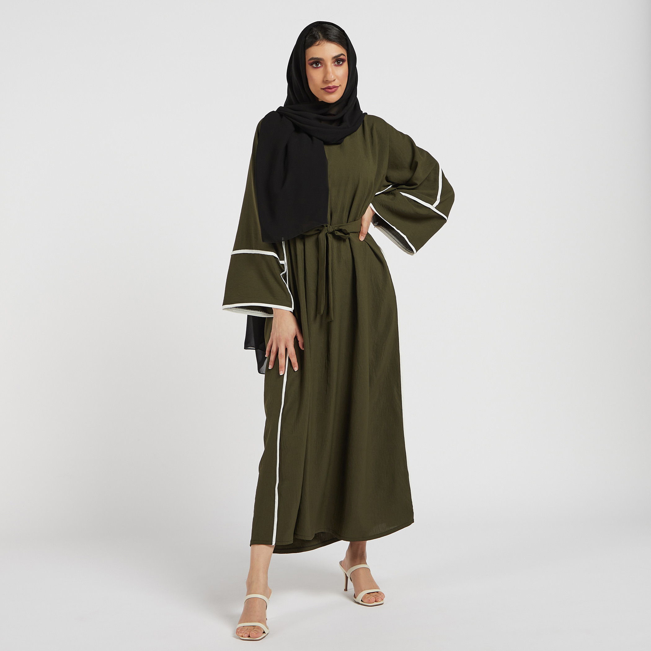 Nukhbaa Textured Abaya with Belt Tie-Ups and Hijab-women-arabicclothing-abayas-image-1