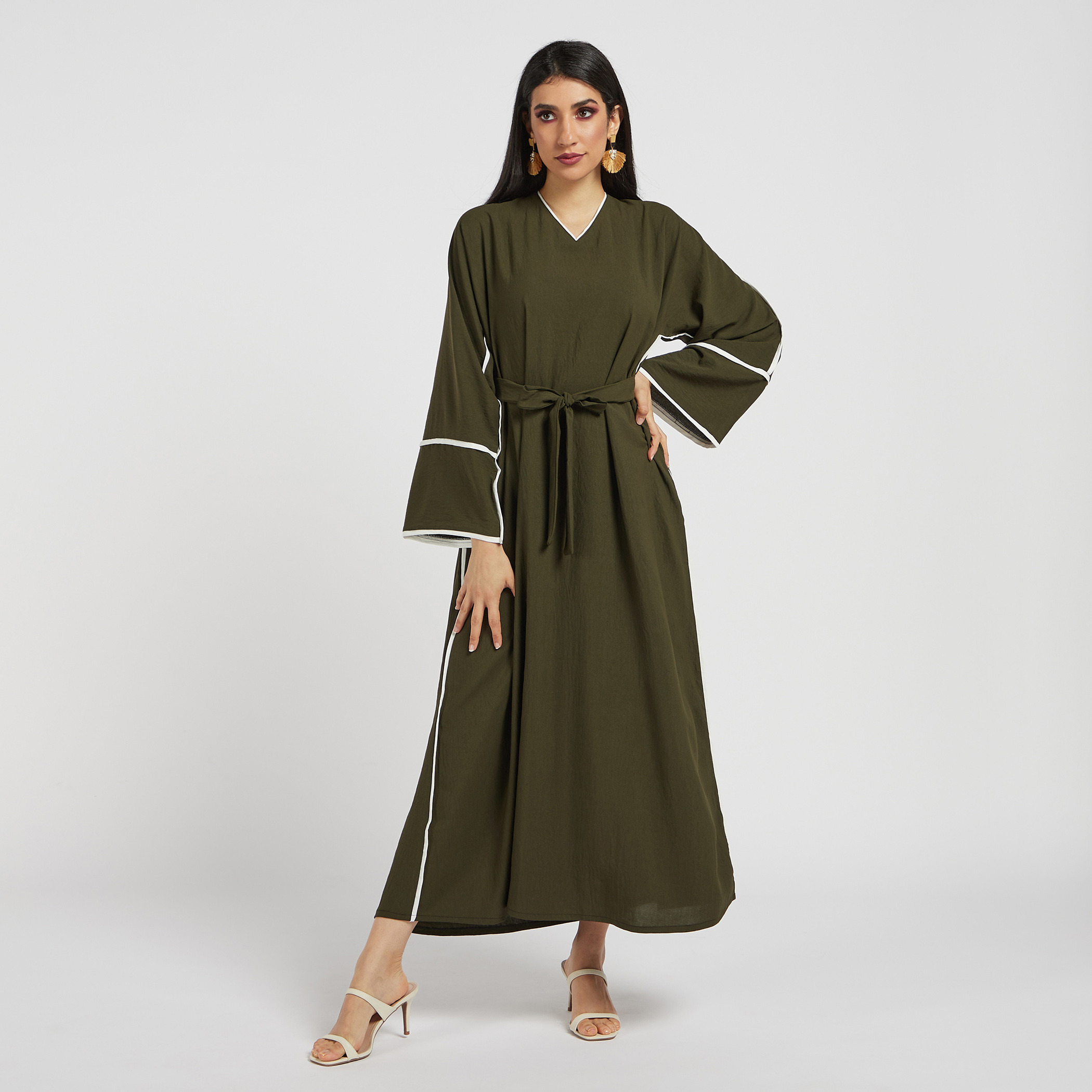 Nukhbaa Textured Abaya with Belt Tie-Ups and Hijab-women-arabicclothing-abayas-image-2
